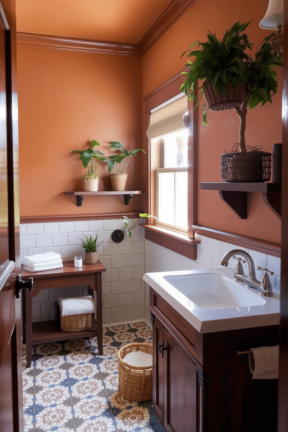 A stylish craftsman bathroom featuring patterned floor tiles that add visual interest. The space includes a wooden vanity with a rich finish, complemented by a sleek white sink and vintage-style fixtures. The walls are adorned with warm, earthy tones, enhancing the craftsman aesthetic. Natural light floods in through a small window, illuminating decorative elements like potted plants and a woven basket for towels.