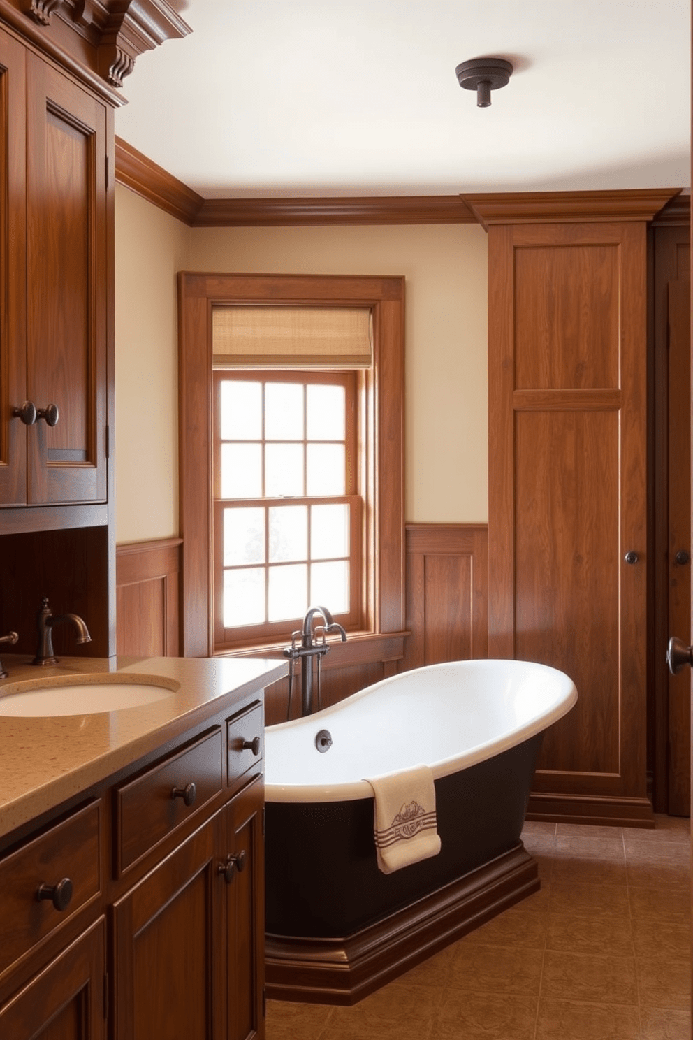 Antique-inspired hardware adds a touch of character to a Craftsman bathroom. The space features rich wooden cabinetry with intricate detailing, complemented by vintage-style faucets and drawer pulls. Warm earth tones dominate the color palette, creating a cozy and inviting atmosphere. A freestanding tub sits against a window, framed by natural light that highlights the craftsmanship of the room.