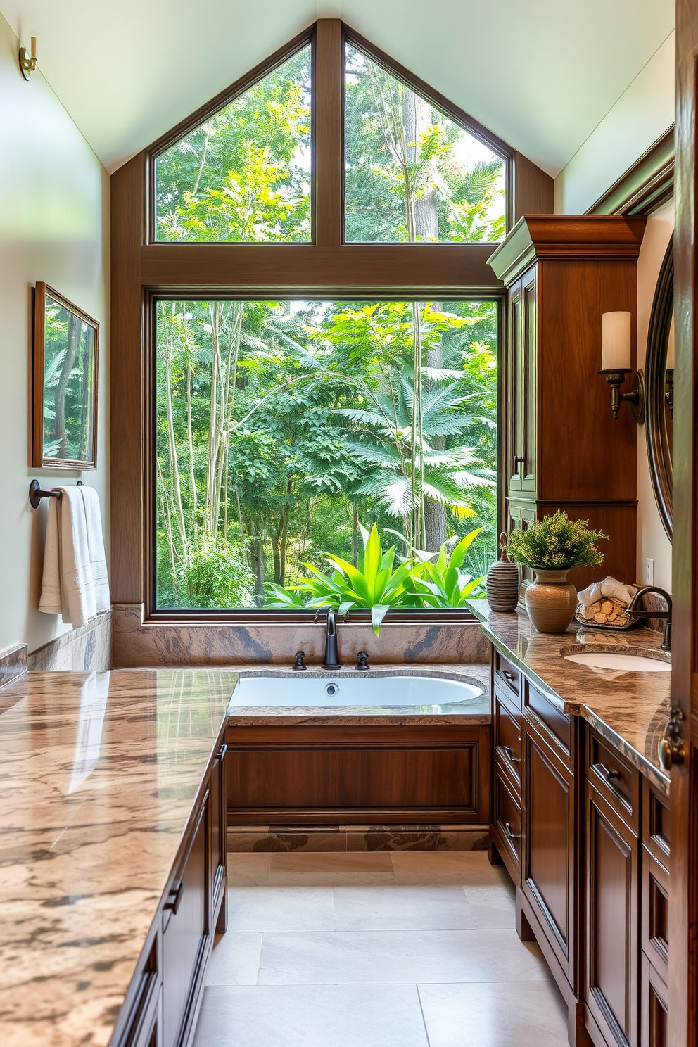 A craftsman bathroom featuring elegant stone countertops that highlight the natural beauty of the material. The space includes handcrafted wooden cabinetry with intricate detailing and a deep soaking tub surrounded by lush greenery.