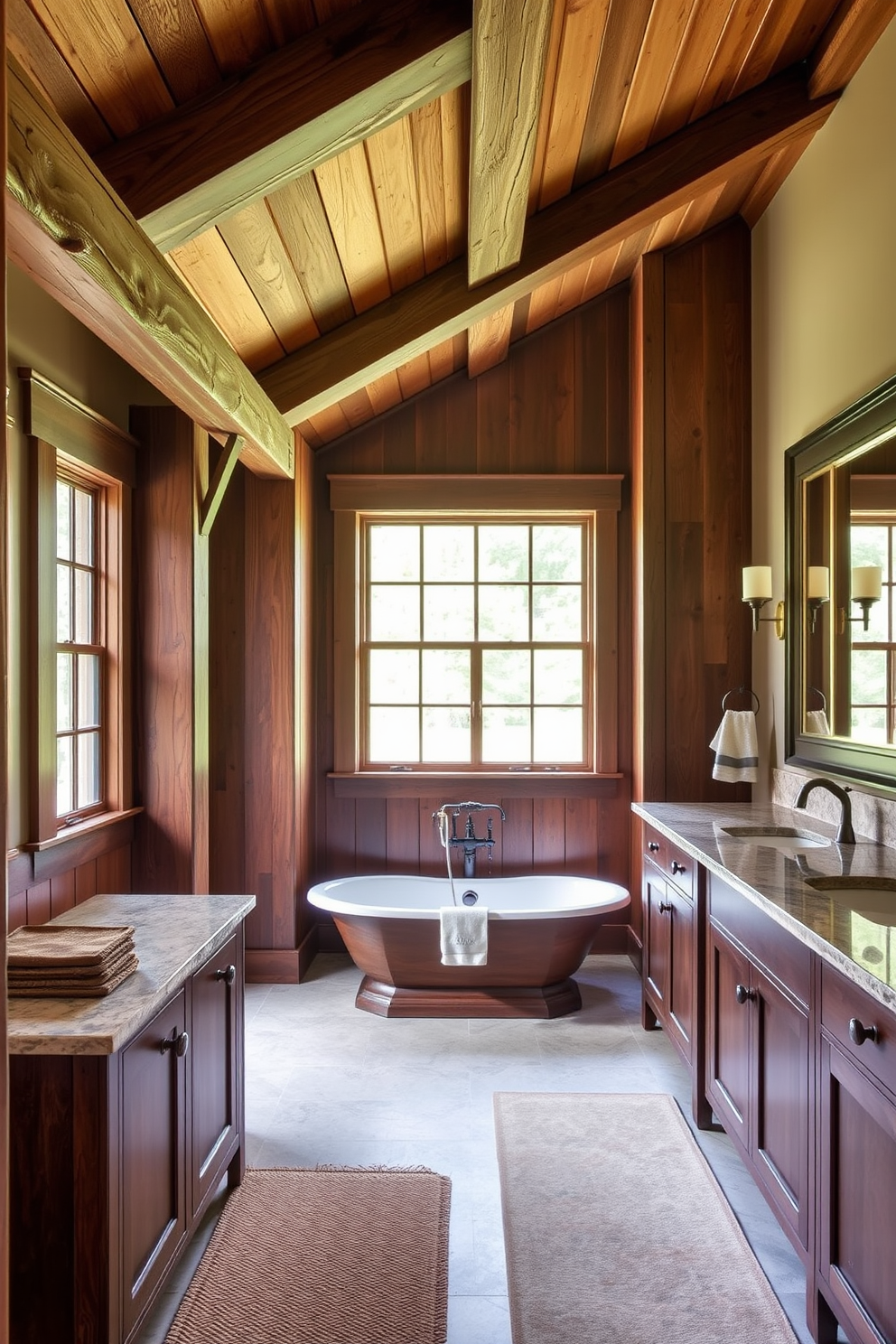 A Craftsman bathroom featuring exposed wooden beams that add architectural detail to the space. The room includes a freestanding soaking tub with a rustic wooden surround and a large window that lets in natural light. The walls are adorned with rich, dark wood paneling and complemented by a double vanity with a stone countertop. Vintage-inspired fixtures and a large, framed mirror complete the warm and inviting atmosphere.