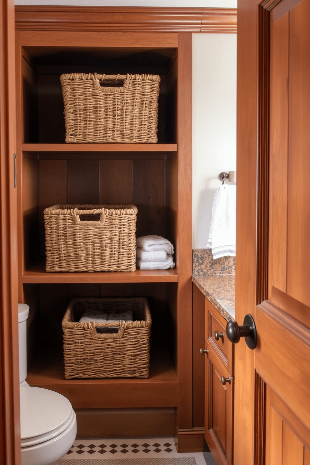 A cozy Craftsman bathroom features woven baskets neatly arranged on open shelves for organized storage. The warm wood tones of the cabinetry complement the natural textures of the baskets, creating a harmonious and inviting atmosphere.