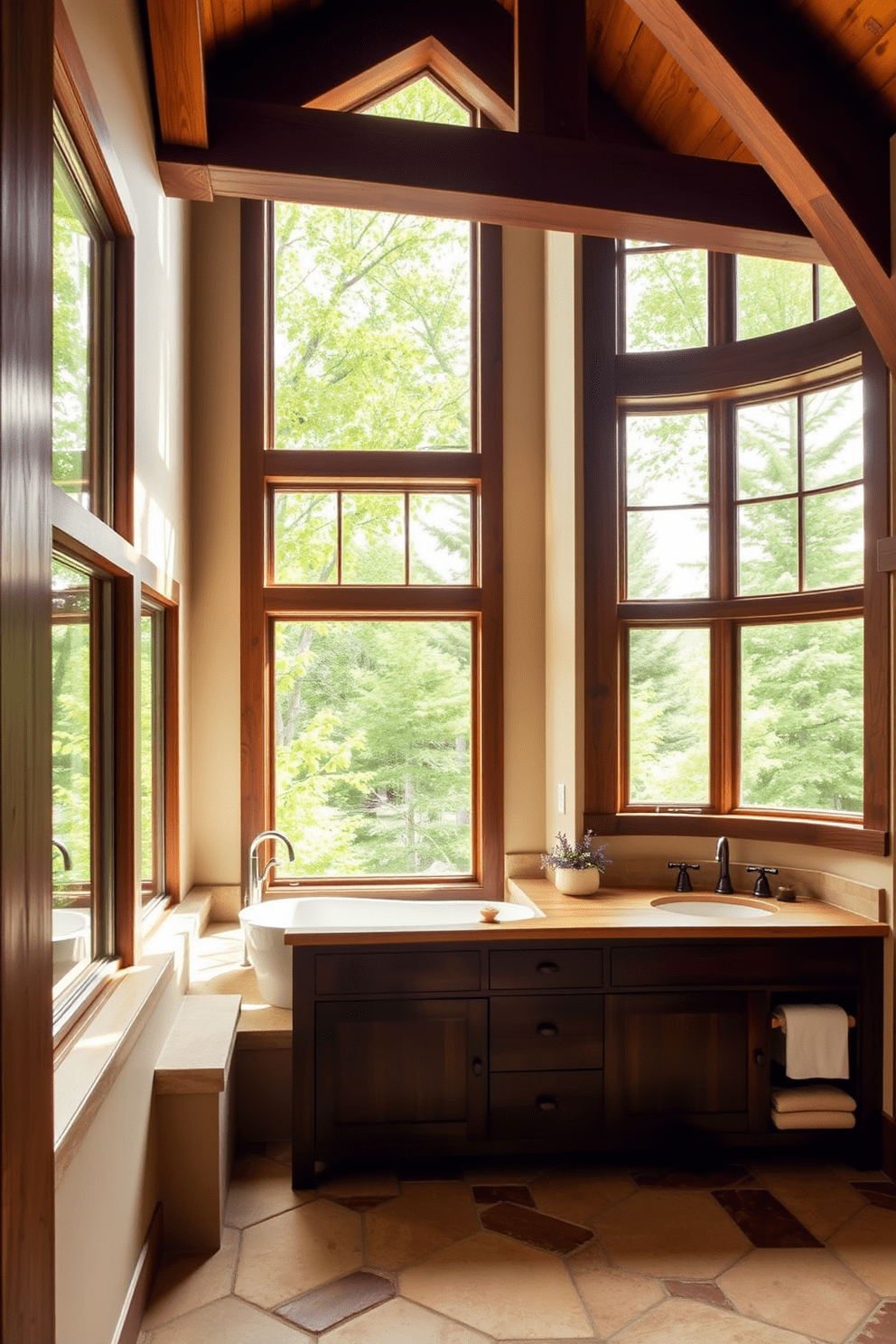 A Craftsman bathroom filled with natural light streaming through large windows. The space features rich wooden beams and a freestanding soaking tub positioned beneath the windows, surrounded by lush greenery. The vanity showcases a rustic wood finish with a dual sink setup, complemented by oil-rubbed bronze fixtures. Earthy tones dominate the color palette, with warm beige walls and a textured stone floor that adds depth to the design.