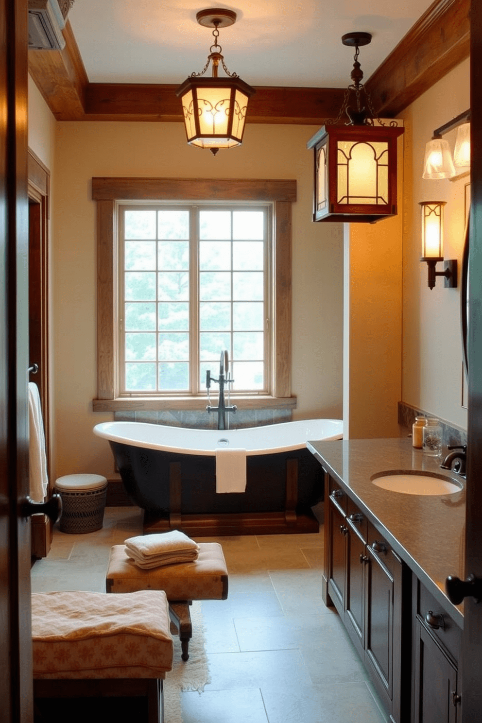 Craftsman style lighting fixtures create a warm and inviting ambiance in the bathroom. The fixtures feature intricate woodwork and stained glass, complementing the overall Craftsman aesthetic. Incorporate Craftsman bathroom design ideas by using natural materials like wood and stone. A freestanding tub with a wooden surround enhances the rustic charm of the space.