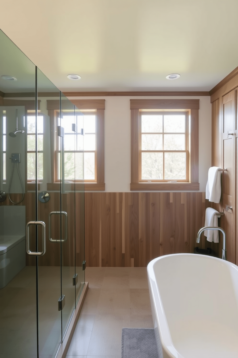 A modern Craftsman bathroom featuring wall-mounted faucets that enhance the sleek aesthetic. The design includes natural wood cabinetry, a spacious shower with glass doors, and a freestanding tub that serves as a focal point.