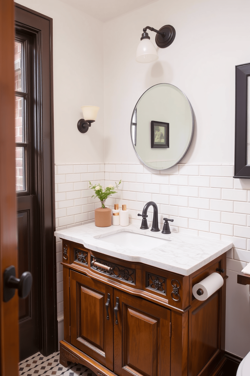 A classic Craftsman bathroom featuring a subway tile backsplash that adds timeless appeal. The space includes a wooden vanity with intricate detailing, complemented by vintage fixtures and warm lighting.