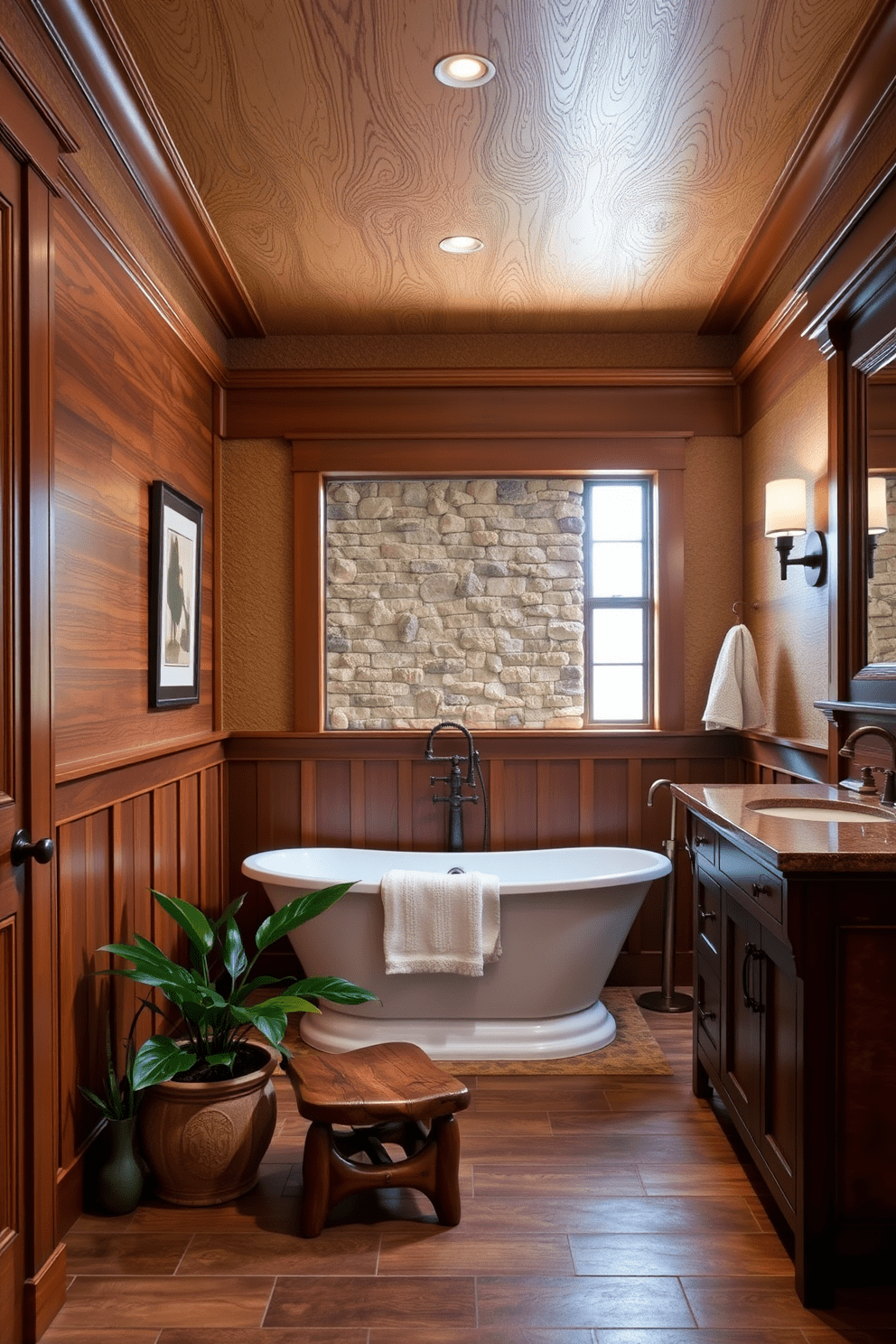 A craftsman bathroom featuring textured wall finishes that add depth and character. The walls are adorned with warm wood paneling, complemented by intricate moldings and a natural stone accent wall. A freestanding soaking tub sits in the center, surrounded by a rustic wooden stool and potted greenery. The cabinetry is crafted from rich mahogany, with antique bronze fixtures enhancing the overall aesthetic.