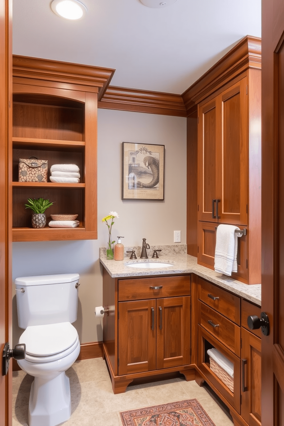 Custom built-ins create a seamless and personalized storage solution that enhances the functionality of the space. The warm wood tones and intricate detailing of the Craftsman style add a touch of elegance and charm to the bathroom design. Incorporating open shelving and closed cabinetry allows for both display and organization of essentials. The rich color palette and natural materials evoke a sense of comfort and craftsmanship, making the bathroom a tranquil retreat.