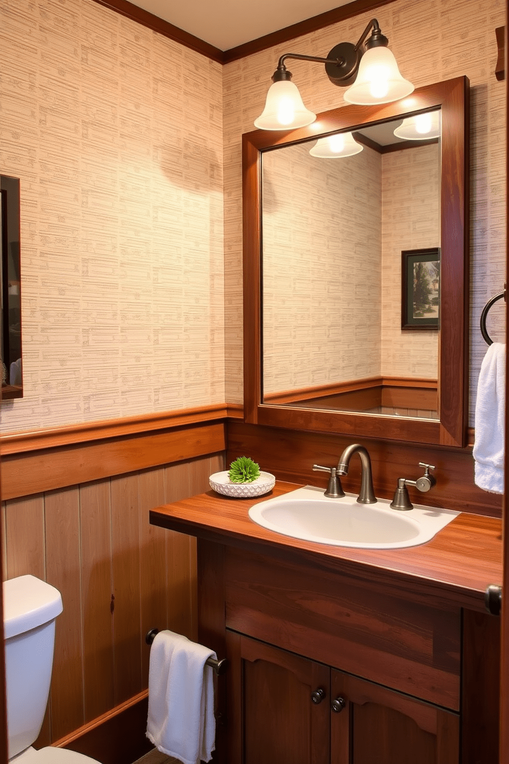 A cozy Craftsman bathroom featuring subtle wallpaper that adds warmth and texture to the space. The wooden accents complement the natural tones, creating an inviting atmosphere. The focal point is a handcrafted wooden vanity with a deep sink and elegant fixtures. A large framed mirror hangs above, reflecting the soft lighting that enhances the room's charm.