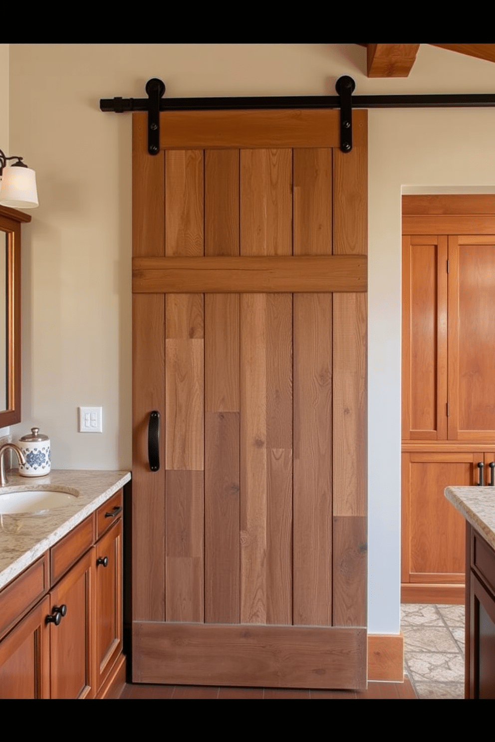 A rustic barn door serves as a unique entry feature, crafted from reclaimed wood with a weathered finish that adds charm and character. The door slides smoothly on a black metal track, enhancing the rustic aesthetic of the space. The Craftsman bathroom design showcases rich wood cabinetry with intricate detailing and a warm color palette. Natural stone accents and vintage-inspired fixtures create a timeless and inviting atmosphere.