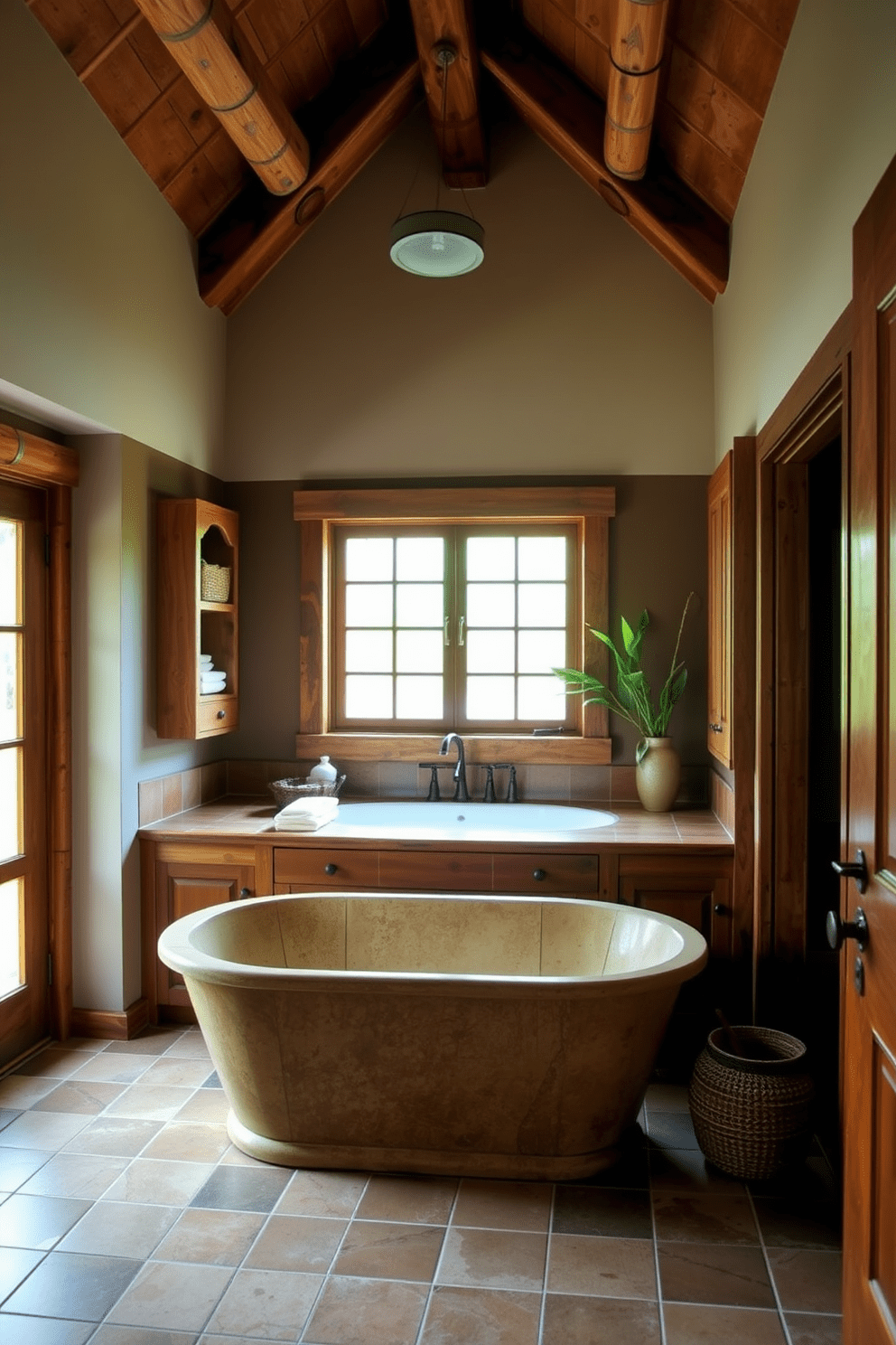 A craftsman bathroom featuring sustainable materials that emphasize eco-friendliness. The space is adorned with reclaimed wood cabinetry and bamboo accents, promoting a natural aesthetic. The walls are painted in earthy tones, complemented by handmade ceramic tiles on the floor. A large soaking tub made from recycled materials sits beneath a window, allowing natural light to illuminate the room.