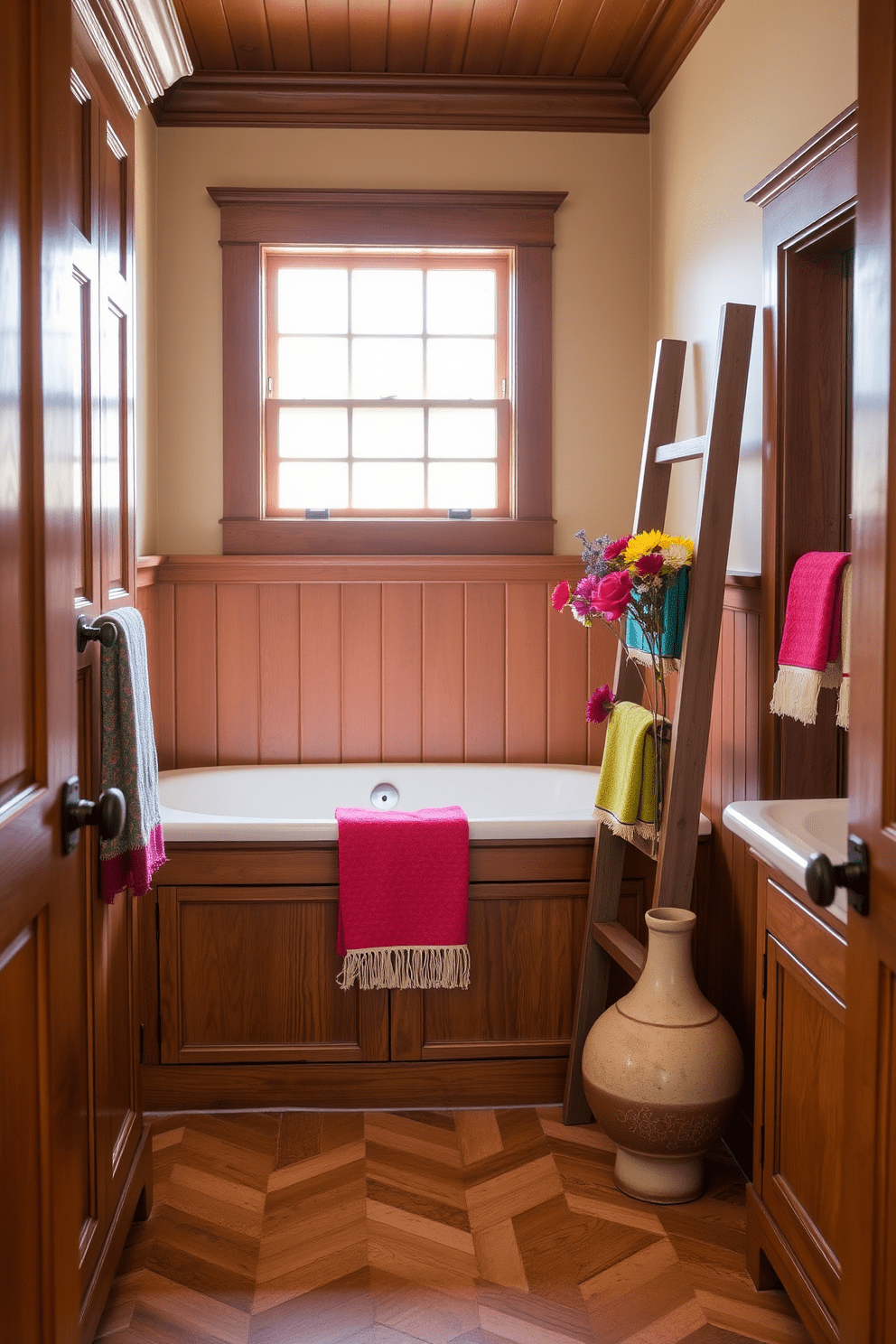 A Craftsman bathroom featuring rich wood cabinetry with intricate detailing and a large soaking tub nestled beneath a window. Colorful accents in the form of vibrant towels and decorative accessories bring playful touches to the earthy tones of the space. The walls are adorned with wainscoting, and the floor is covered in classic hexagonal tiles. A rustic wooden ladder displays rolled towels, while a handmade ceramic vase adds a splash of color with fresh flowers.