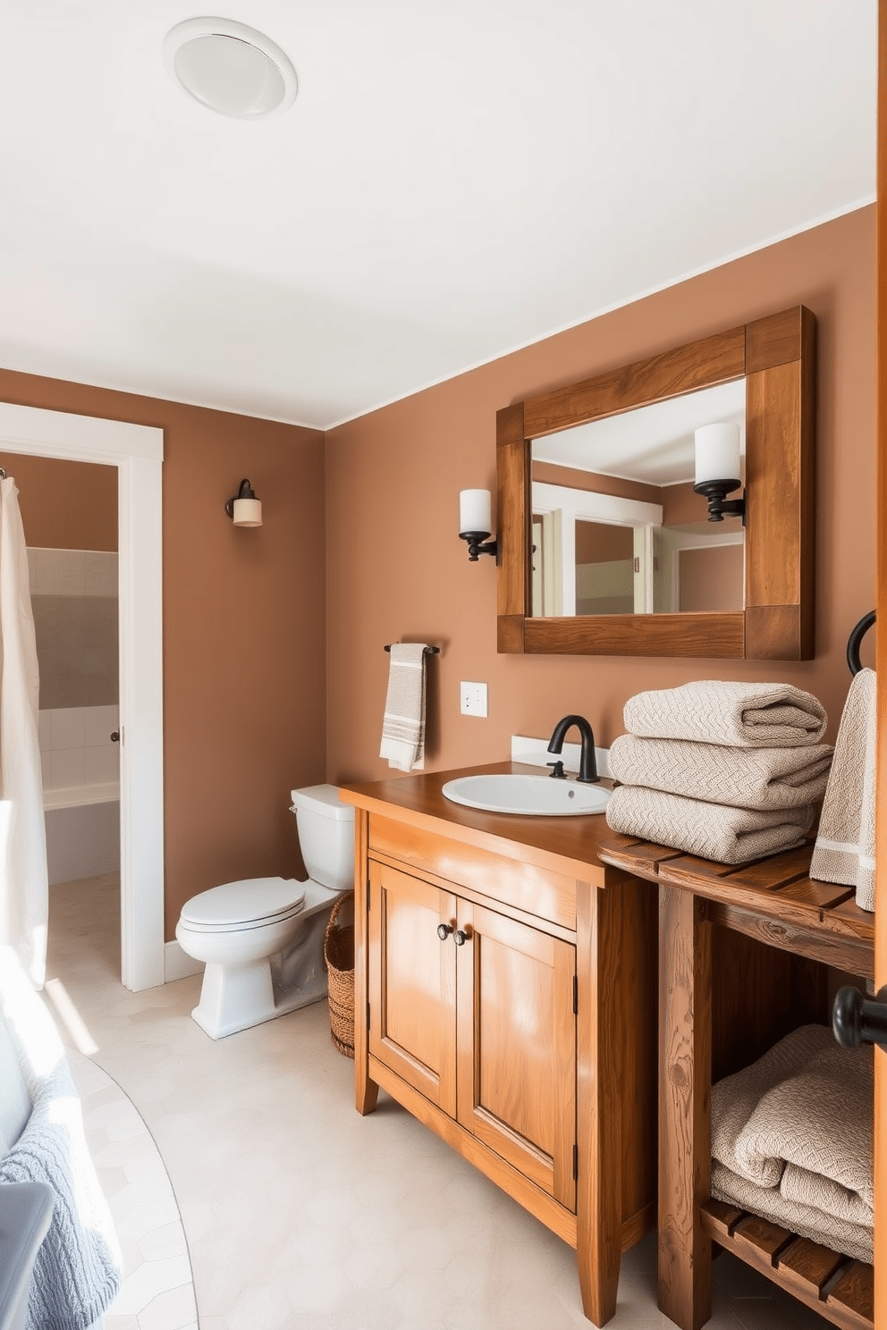 A serene Craftsman bathroom featuring neutral linens that create a calming atmosphere. The space includes a wooden vanity with a natural finish, complemented by a large framed mirror above it, reflecting soft, ambient lighting. The walls are adorned with warm earth tones, and the floor showcases classic hexagonal tiles. Textured neutral towels are neatly arranged on a rustic wooden shelf, adding to the tranquil aesthetic of the room.