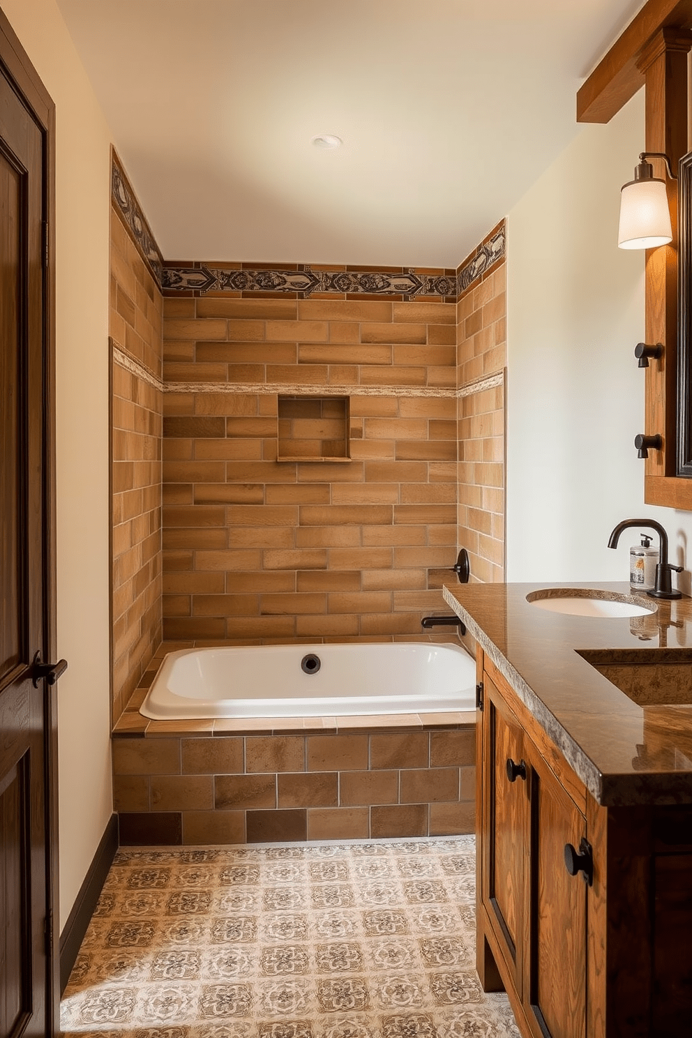 A craftsman bathroom featuring artisan tile accents that enhance the handcrafted look. The space includes a deep soaking tub surrounded by intricate tile work, complemented by a rustic wooden vanity with a stone countertop.