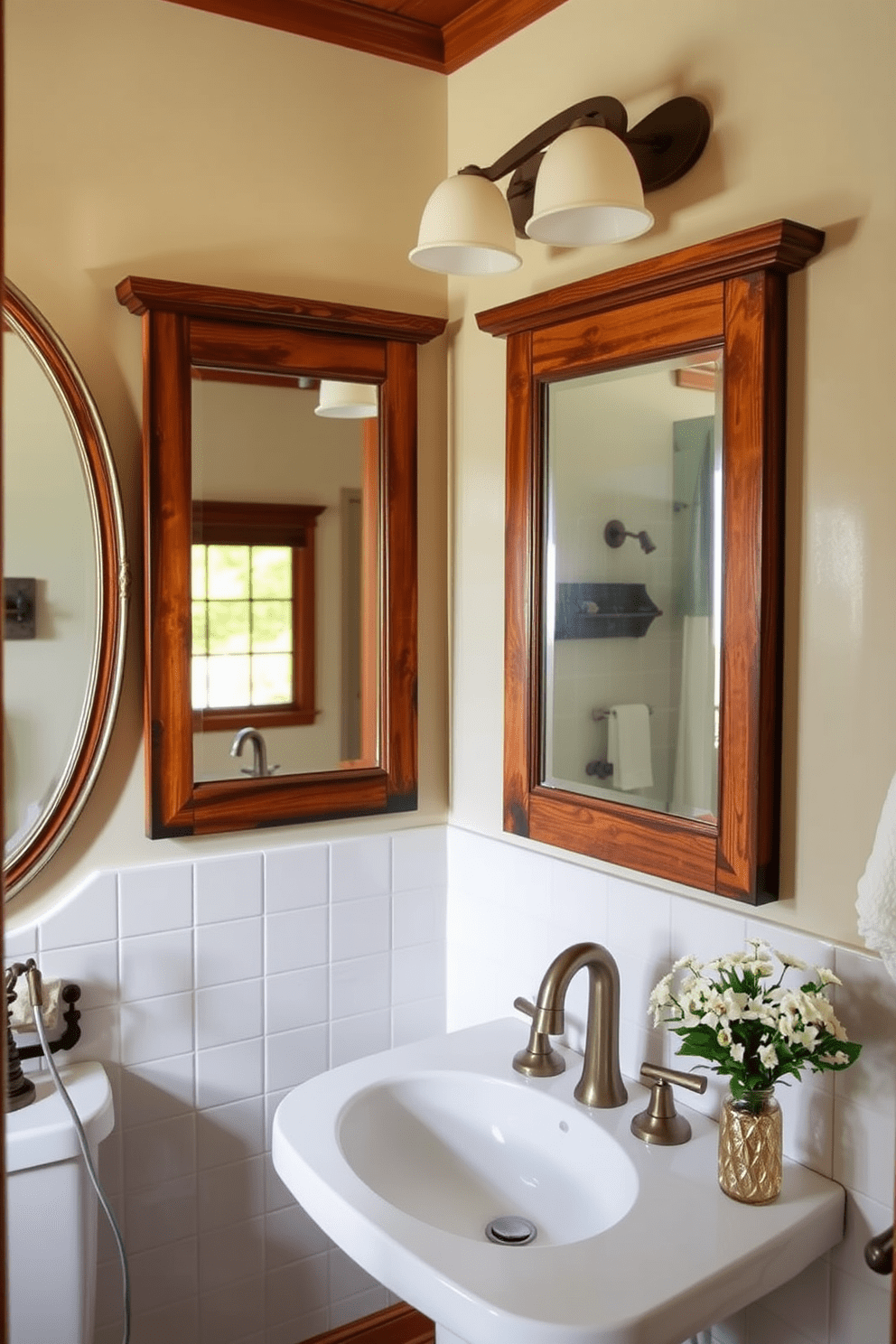 A charming Craftsman bathroom features vintage mirrors that serve as a captivating focal point. The mirrors are framed in rich wood, reflecting the warm tones of the space and enhancing the overall rustic elegance.