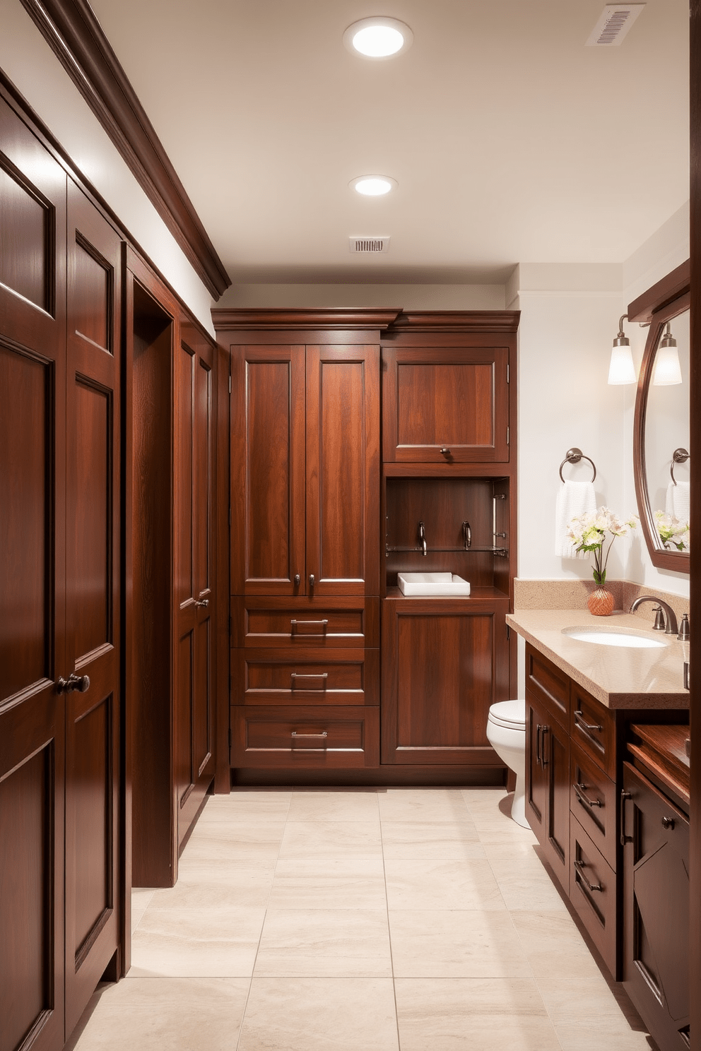 A Craftsman bathroom featuring floor-to-ceiling cabinetry designed for maximum storage efficiency. The cabinetry is crafted from rich, dark wood with intricate paneling and a warm finish that enhances the classic aesthetic.