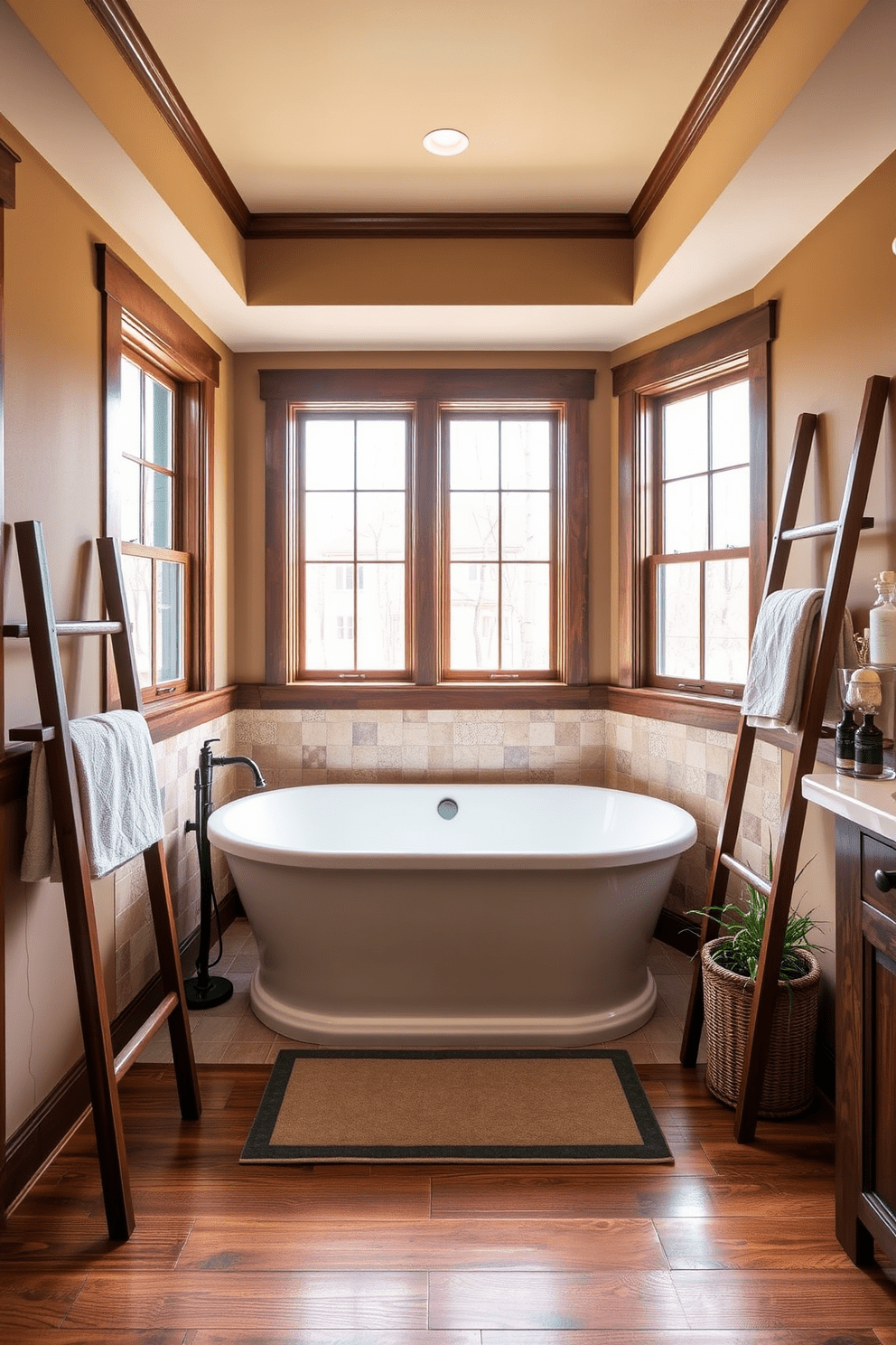 A spacious Craftsman bathroom features a freestanding soaking tub positioned elegantly in the center, surrounded by natural light from large windows. The tub is complemented by rich wooden accents and handcrafted tile work, creating a warm and inviting atmosphere. The walls are adorned with warm earth tones, and the floor is finished with rustic hardwood. A stylish wooden ladder holds plush towels, while a potted plant adds a touch of greenery to enhance the luxurious feel.