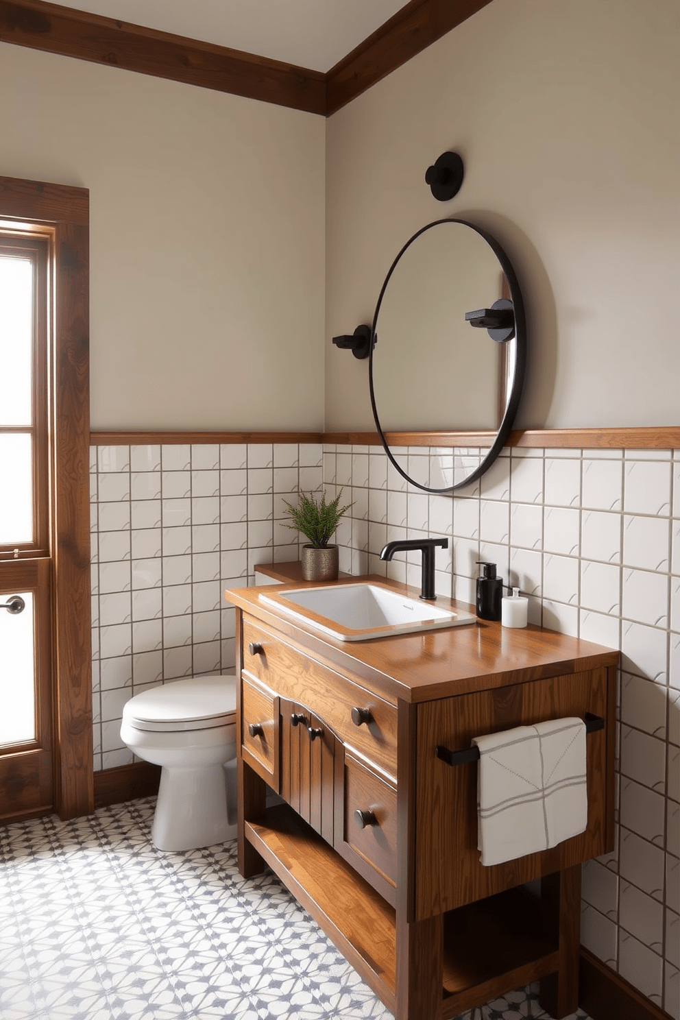 A Craftsman bathroom design featuring simple geometric patterns. The space includes a wooden vanity with clean lines and a sleek sink, complemented by patterned tiles that add a modern twist.