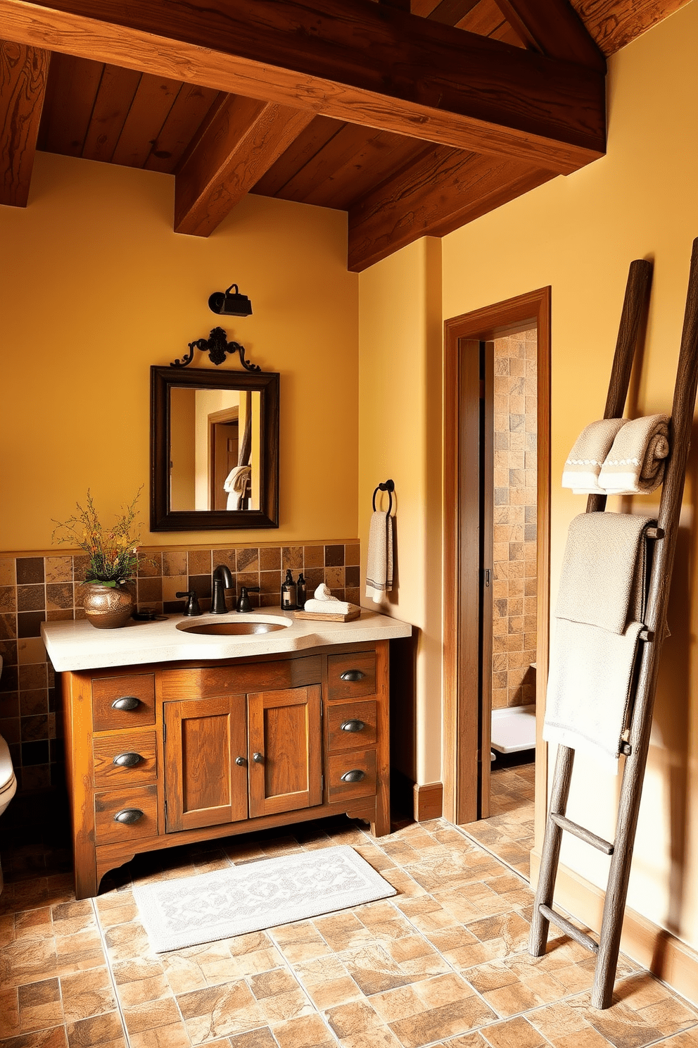 A Craftsman bathroom featuring an earthy color palette with warm tones. The space includes a wooden vanity with a deep sink and a natural stone countertop, complemented by handcrafted tiles in rich shades of brown and green. On the walls, warm beige paint enhances the cozy atmosphere, while exposed wooden beams add architectural interest overhead. A vintage-style mirror hangs above the vanity, and soft, textured towels are neatly arranged on a rustic ladder.