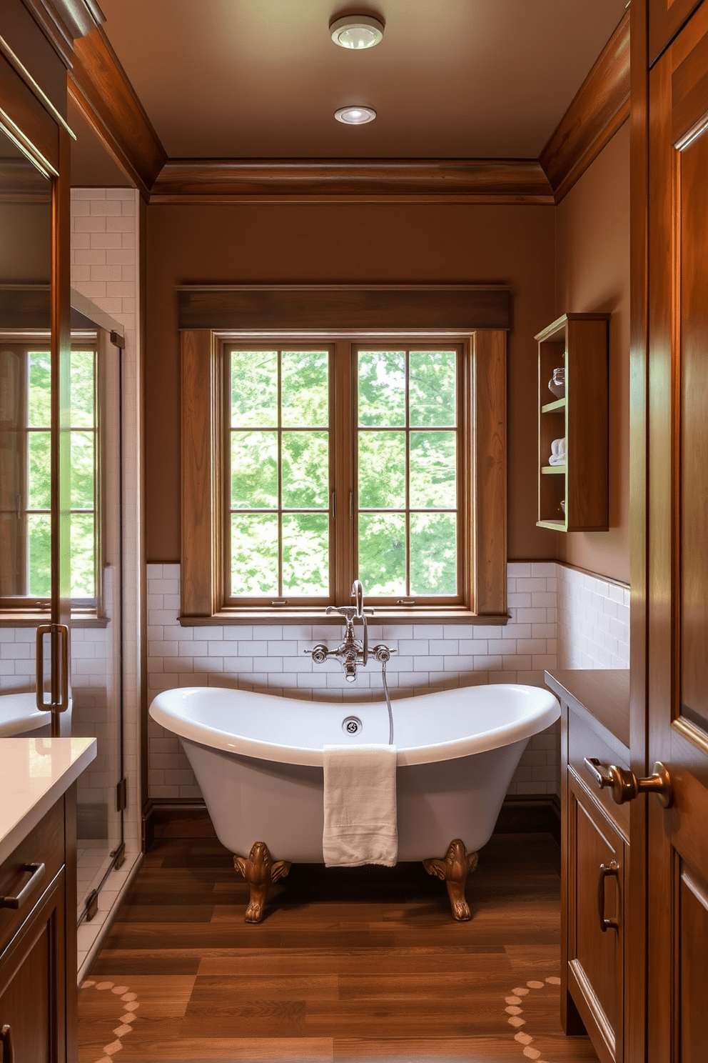 A Craftsman bathroom features vintage fixtures that exude timeless elegance. The space is adorned with handcrafted wooden cabinetry, showcasing intricate details and a rich finish. The walls are painted in warm earth tones, complemented by classic subway tiles in the shower area. A freestanding soaking tub sits elegantly beneath a window, framed by natural light and lush greenery outside.