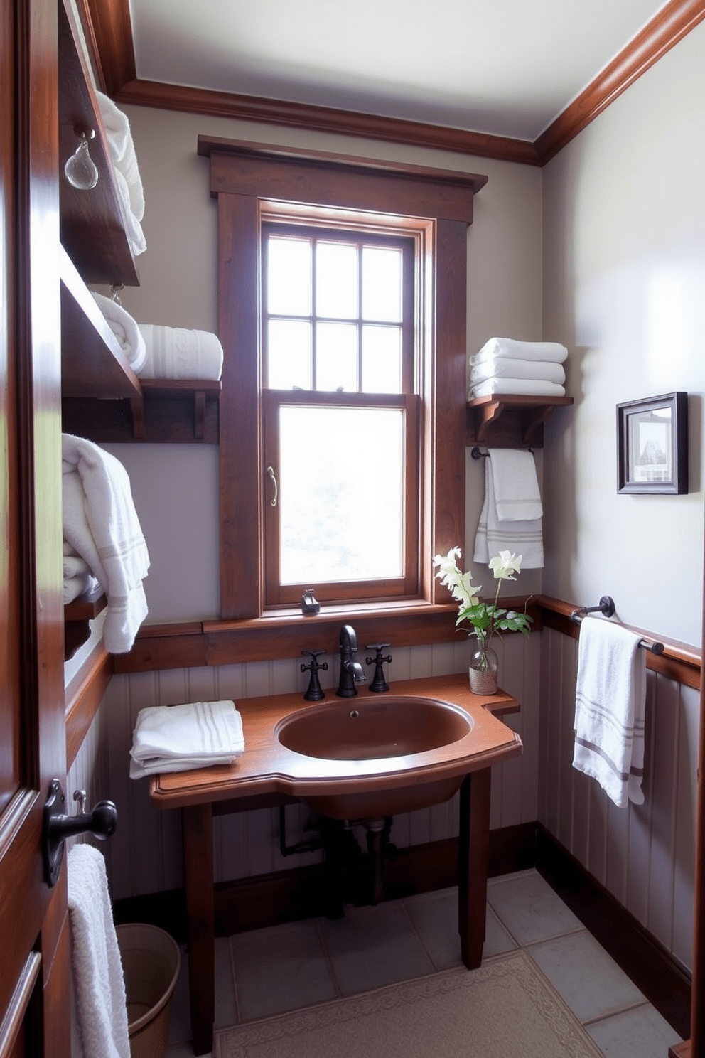 Open shelving lines the walls of a Craftsman-style bathroom, providing easy access to neatly organized towels and toiletries. The shelves are made of rich, dark wood, complementing the warm tones of the room's wooden accents and fixtures. A vintage-style sink with a classic faucet sits below a large window, allowing natural light to illuminate the space. The walls are adorned with beadboard paneling painted in a soft, muted hue, enhancing the cozy, inviting atmosphere of the bathroom.