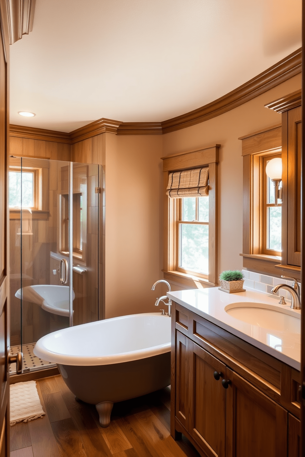 A cozy Craftsman bathroom featuring intricate moldings and trim work that highlight the craftsmanship of the style. The space includes natural wood cabinetry with a rich finish, and the walls are adorned with warm earth tones to create an inviting atmosphere. The bathroom showcases a spacious shower with a glass enclosure and subway tile accents. A freestanding tub sits beneath a window, allowing natural light to illuminate the room and enhance the rustic charm of the design.