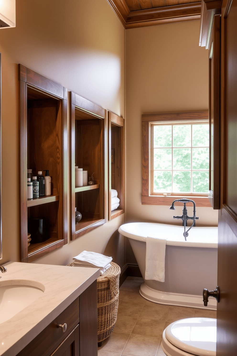 A Craftsman bathroom featuring recessed niches for toiletries and decor. The niches are framed with rich wood trim, showcasing neatly arranged bath products and decorative items. The walls are painted in a warm earth tone, complementing the handcrafted cabinetry and fixtures. A freestanding soaking tub sits beneath a window, surrounded by natural light and greenery.