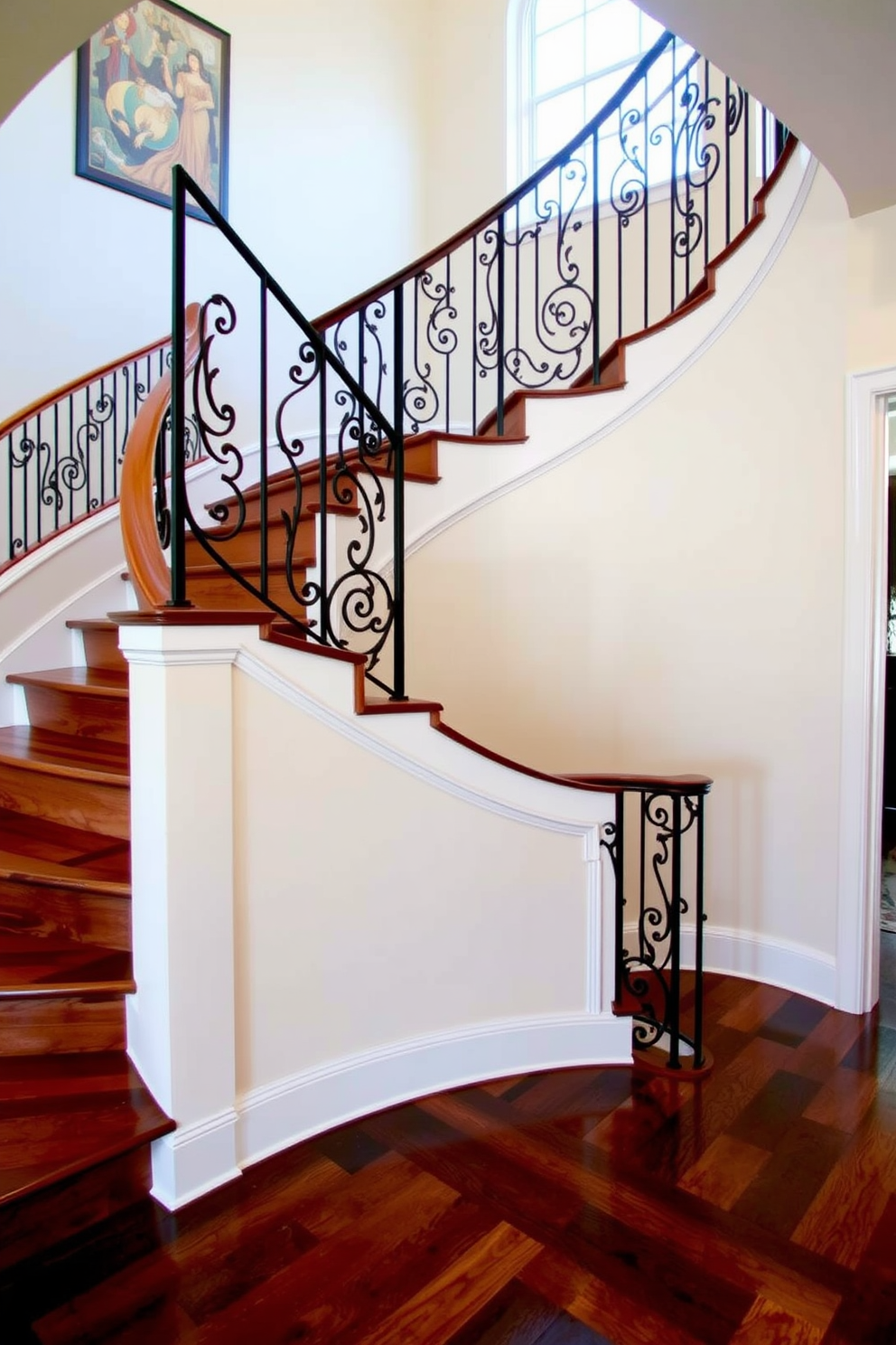 Elegant wrought iron railing accents add a touch of sophistication to a beautifully designed curved staircase. The staircase features soft, sweeping lines that create a graceful flow, complemented by rich hardwood steps and a polished finish.