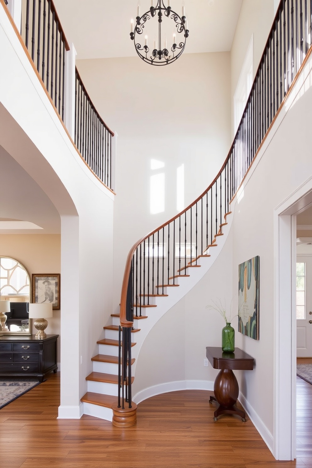 Open riser staircase design creates an airy and spacious atmosphere in any interior. The absence of solid risers allows light to flow through, enhancing the overall brightness of the space. Curved staircase design adds elegance and fluidity to a home. The gentle curves draw the eye and create a sense of movement, making the staircase a stunning focal point in the entryway.