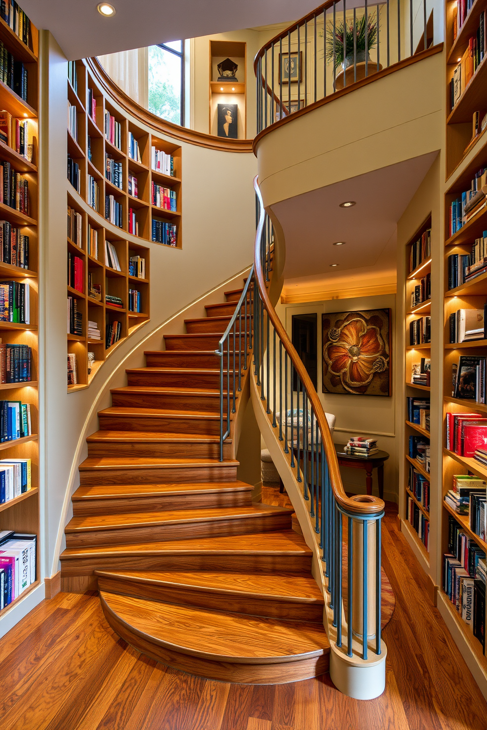 A stunning curved staircase gracefully winds through the space, featuring elegant wooden steps that complement the surrounding decor. Built-in bookshelves line the walls on either side, filled with a curated collection of books and decorative items, enhancing the inviting atmosphere. The staircase is adorned with a sleek metal railing that adds a modern touch, while soft lighting illuminates each step. Rich colors and textures in the surrounding area create a harmonious balance, making this staircase a focal point in the home.