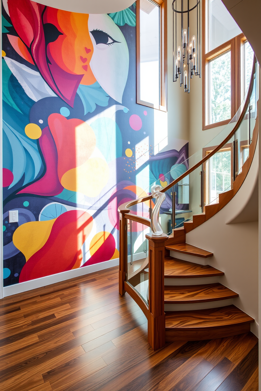 Artistic wall mural beside staircase featuring vibrant colors and abstract shapes that create a dynamic focal point. The mural seamlessly blends with the surrounding decor, enhancing the overall aesthetic of the entryway. Curved staircase design with elegant wooden railings and a sleek glass balustrade. The staircase is illuminated by natural light streaming through large windows, casting beautiful shadows on the polished hardwood steps.