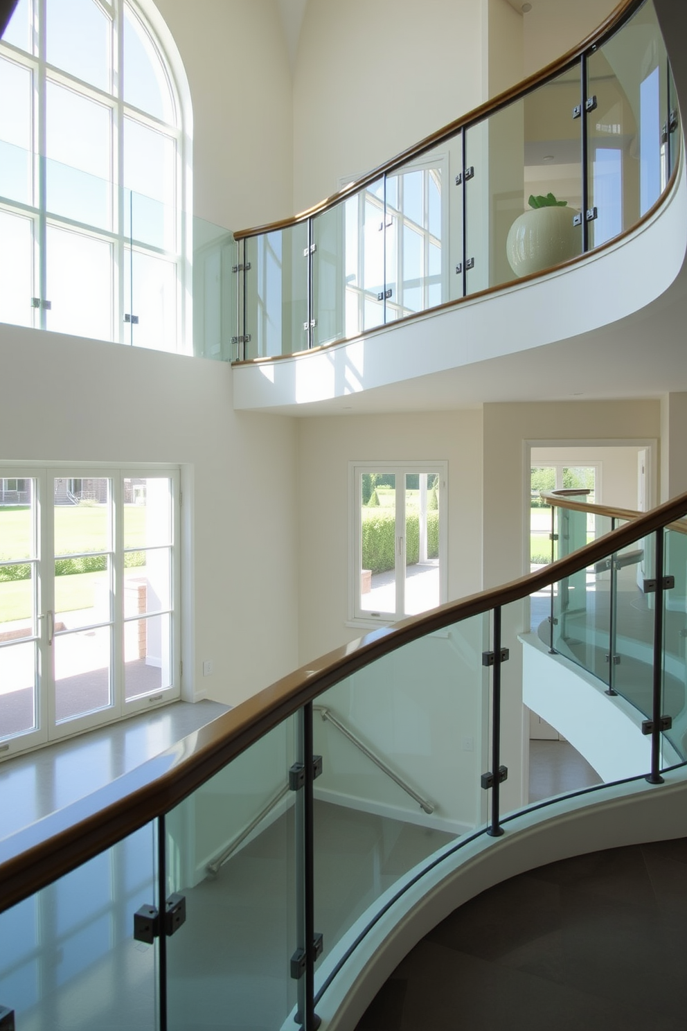 A stunning entryway featuring glass balustrades that provide unobstructed views of the surrounding space. The balustrades are elegantly designed, allowing natural light to flow freely while maintaining safety and style. A beautifully crafted curved staircase that serves as a focal point in the room. The staircase features smooth, flowing lines and is complemented by a stylish handrail that enhances its graceful design.