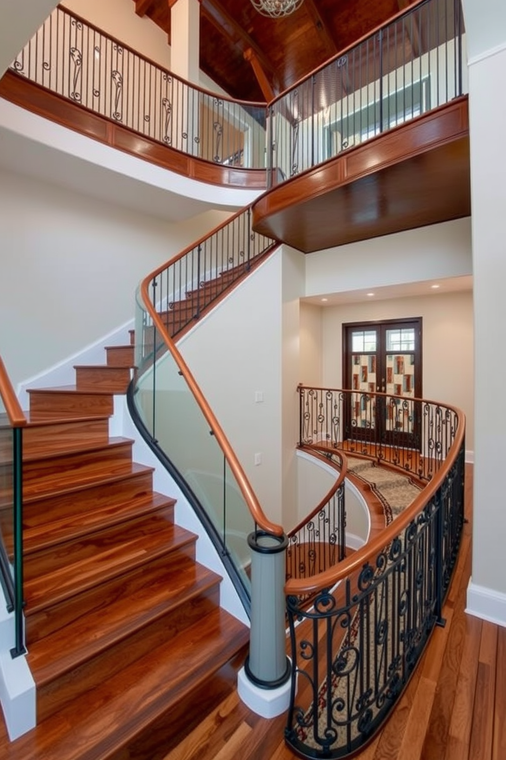 A stunning multi-level staircase with elegant landings. The staircase features a combination of rich hardwood steps and sleek glass railings, creating a modern yet inviting atmosphere. A beautifully designed curved staircase that sweeps gracefully through the space. The staircase is adorned with intricate wrought iron balusters and a plush runner that adds warmth and texture.