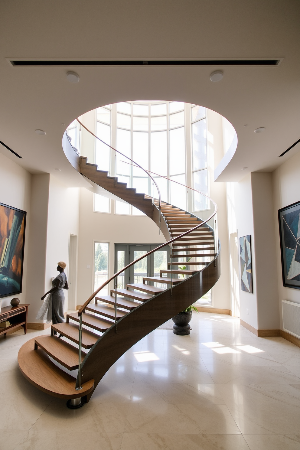 A sculptural staircase serves as the breathtaking focal point of the entryway. Its sweeping curves and elegant lines create a sense of movement and sophistication. The staircase features a combination of wood and glass elements, allowing light to flow through the space. Surrounding the staircase, the walls are adorned with artwork that complements the modern design.