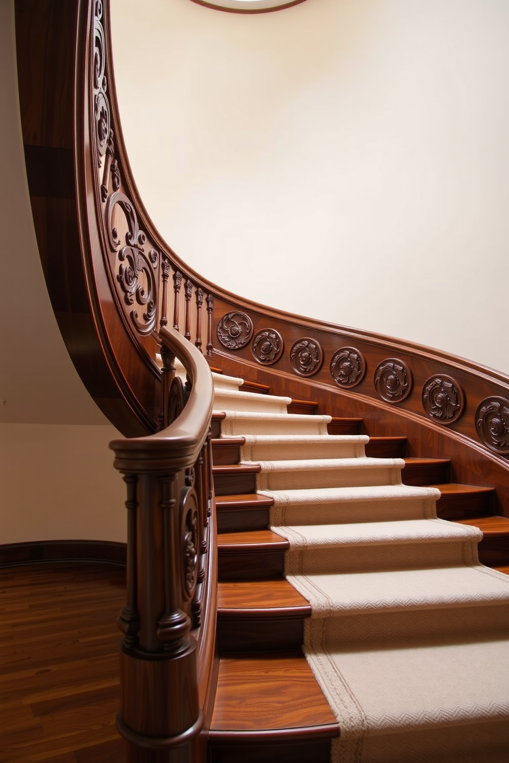 A stunning curved staircase featuring intricate floral motifs carved into the wooden banister. The steps are elegantly finished in a rich mahogany, complemented by a soft, neutral runner that enhances the graceful curve of the staircase.