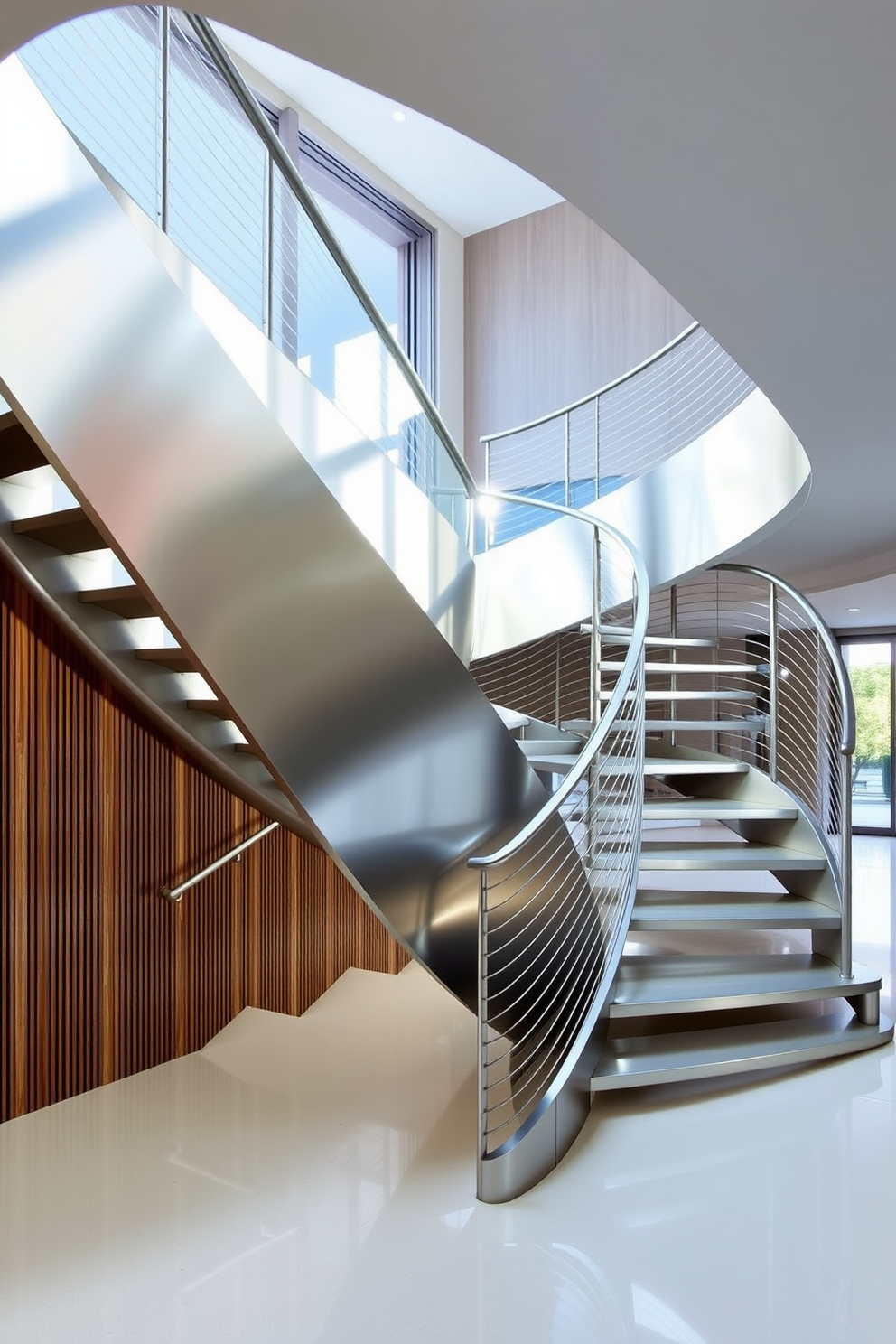 A contemporary metal staircase features bold geometric shapes that create a striking focal point in the space. The sleek lines and polished finish reflect light beautifully, enhancing the modern aesthetic of the interior. Curved staircase design ideas showcase elegant, flowing lines that add a sense of sophistication to any home. The seamless integration of the staircase into the surrounding environment creates a harmonious and inviting atmosphere.