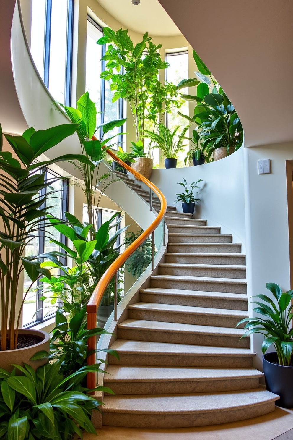 A stunning curved staircase elegantly winds its way upward, surrounded by lush indoor greenery. The staircase features a sleek wooden handrail and is complemented by large potted plants that create a serene atmosphere. Natural light filters through large windows, illuminating the space and highlighting the rich textures of the staircase. The combination of organic elements and architectural design creates a harmonious and inviting entryway.