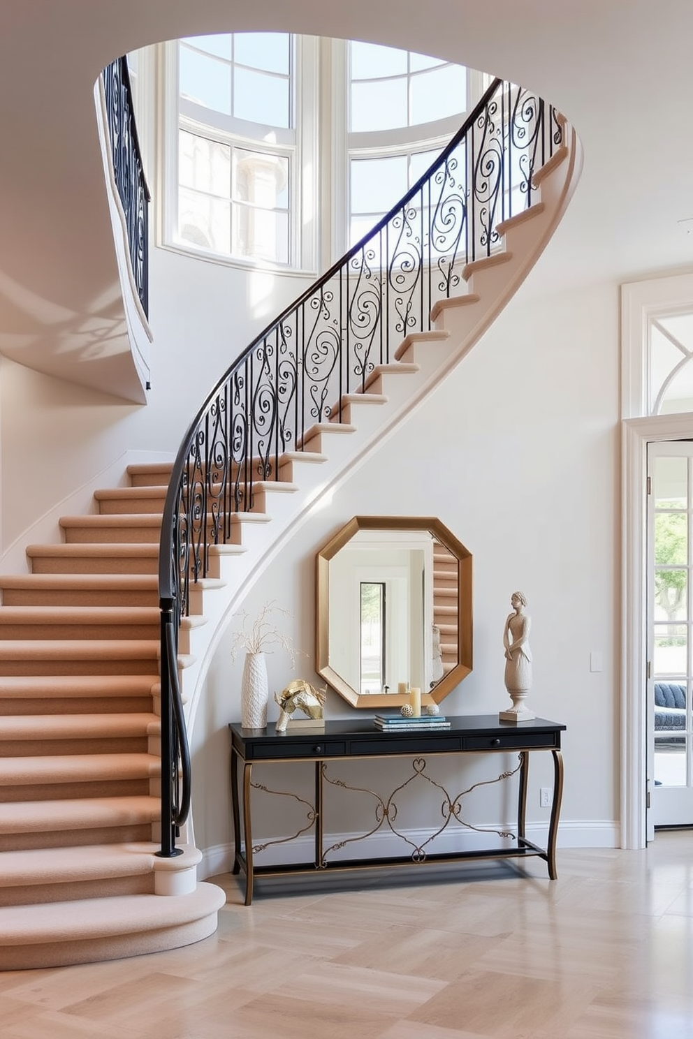 A stunning curved staircase with soft upholstered steps creates an elegant focal point in the entryway. The staircase is surrounded by large windows that allow natural light to flood the space, enhancing the luxurious feel of the design. The balustrade features intricate wrought iron details that complement the upholstered steps. Below the staircase, a chic console table is adorned with decorative accents and a large mirror, adding depth and sophistication to the overall aesthetic.