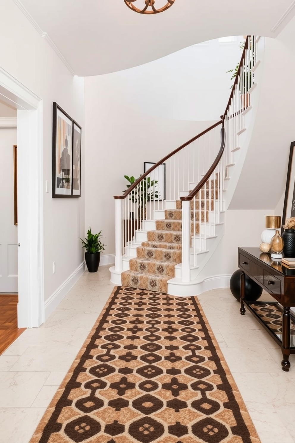 A stylish entryway featuring a geometric patterned carpet runner that adds texture and visual interest. The runner complements the elegant curved staircase, which showcases a sleek handrail and a modern design that enhances the overall aesthetic. The staircase is adorned with subtle lighting that highlights its graceful curves. Surrounding the staircase are decorative elements such as potted plants and artwork that create a welcoming atmosphere.