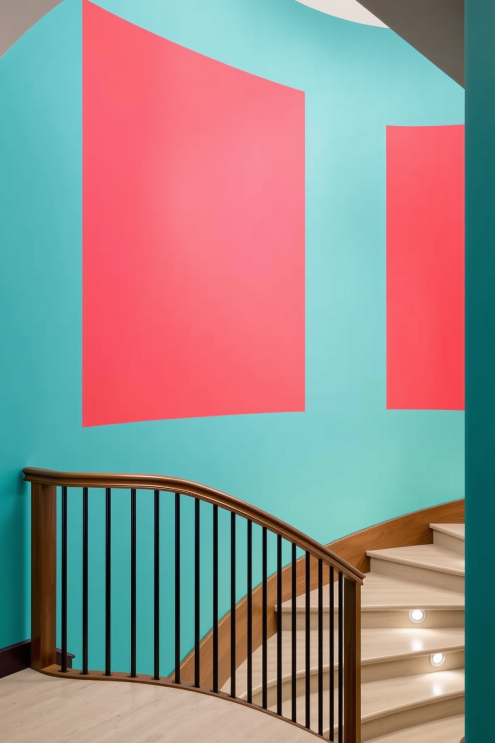 A vibrant accent wall in shades of teal and coral creates a striking backdrop for the elegant curved staircase. The staircase features a sleek wooden railing and soft, ambient lighting that highlights its graceful lines.