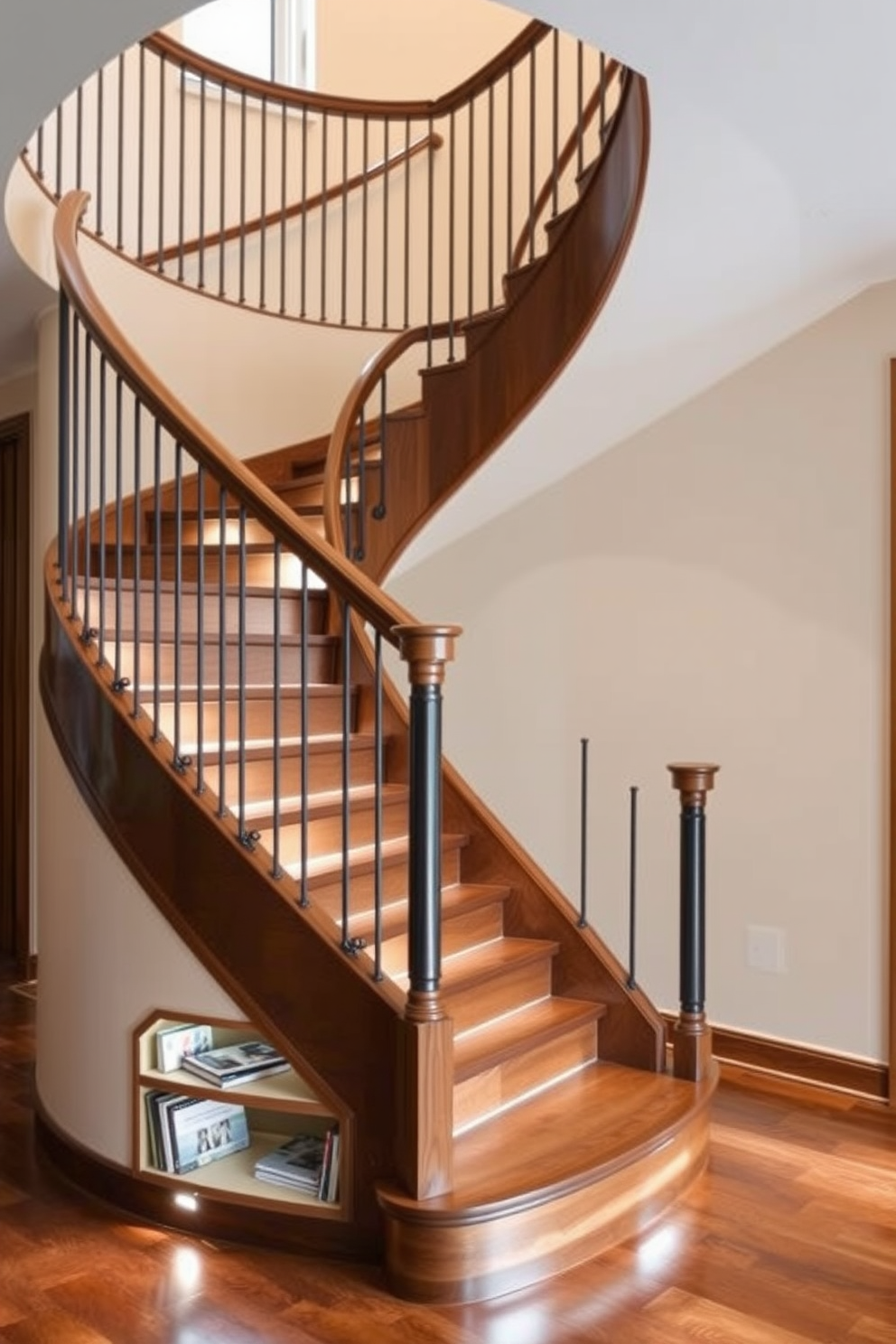 A stunning curved staircase gracefully ascends, featuring integrated storage solutions seamlessly built into the design. The staircase is crafted from rich hardwood, with elegant metal railings that complement the overall aesthetic. The storage compartments are cleverly hidden beneath the steps, providing ample space for books and decorative items. Soft, ambient lighting illuminates the staircase, highlighting its curves and enhancing the inviting atmosphere.