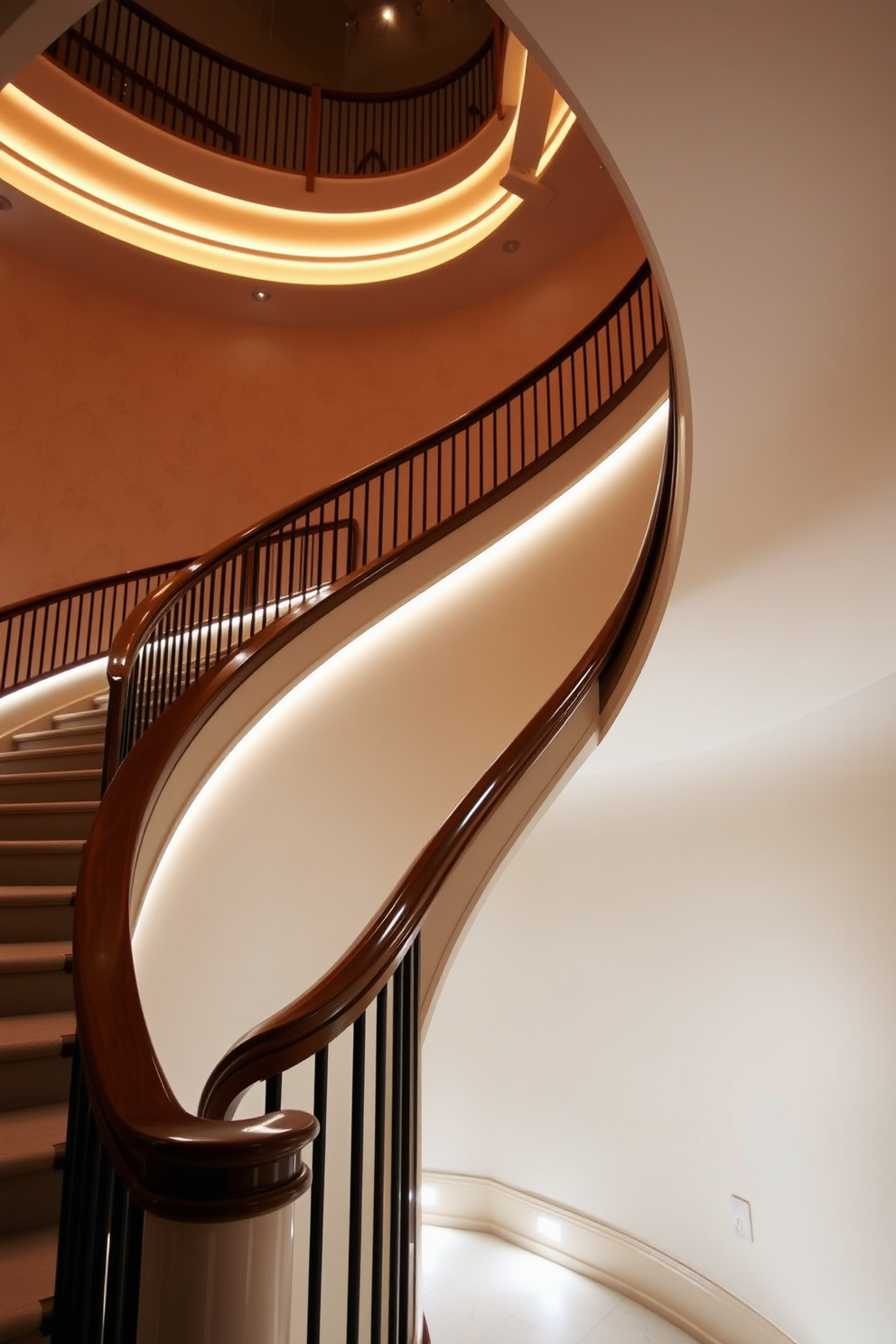 A stunning curved staircase with elegant architectural lighting accentuating its graceful lines. The staircase features a polished wood railing and is surrounded by soft, ambient light that creates a warm and inviting atmosphere.