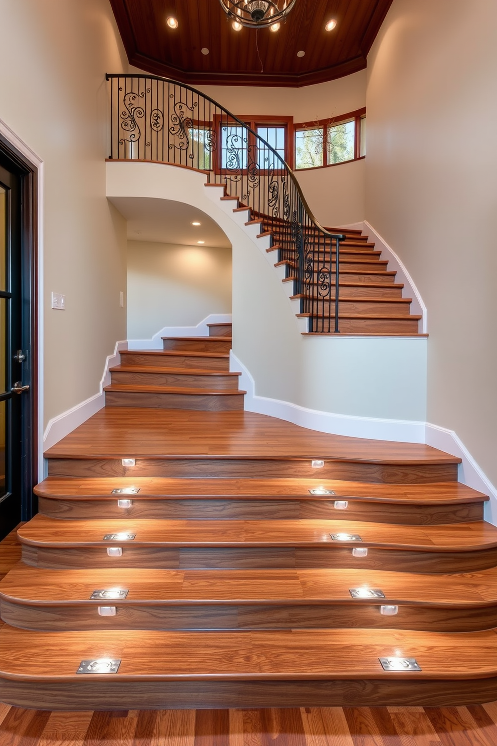 A stunning entryway features tapered steps that create a unique and modern aesthetic. The steps are crafted from rich hardwood, leading gracefully to a beautifully designed curved staircase. The curved staircase is adorned with elegant wrought iron railings that complement the overall design. Soft LED lighting highlights the contours of the staircase, adding warmth and sophistication to the space.