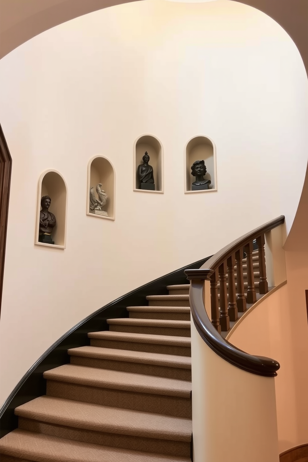 A stunning curved staircase gracefully ascends, featuring decorative niches along its sides that showcase elegant sculptures and artwork. The staircase is adorned with a rich wooden handrail, while the walls are painted in a soft cream hue, enhancing the overall warmth of the space.