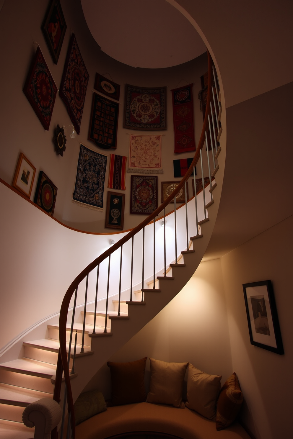 A stunning curved staircase gracefully ascends, featuring a sleek wooden handrail that complements the elegant design. The walls are adorned with a collection of artistic wall hangings, showcasing vibrant colors and intricate patterns that enhance the overall aesthetic. The staircase is illuminated by soft, ambient lighting that highlights its curves and adds warmth to the space. Below the staircase, a cozy seating area with plush cushions invites relaxation and contemplation, creating a harmonious blend of style and comfort.