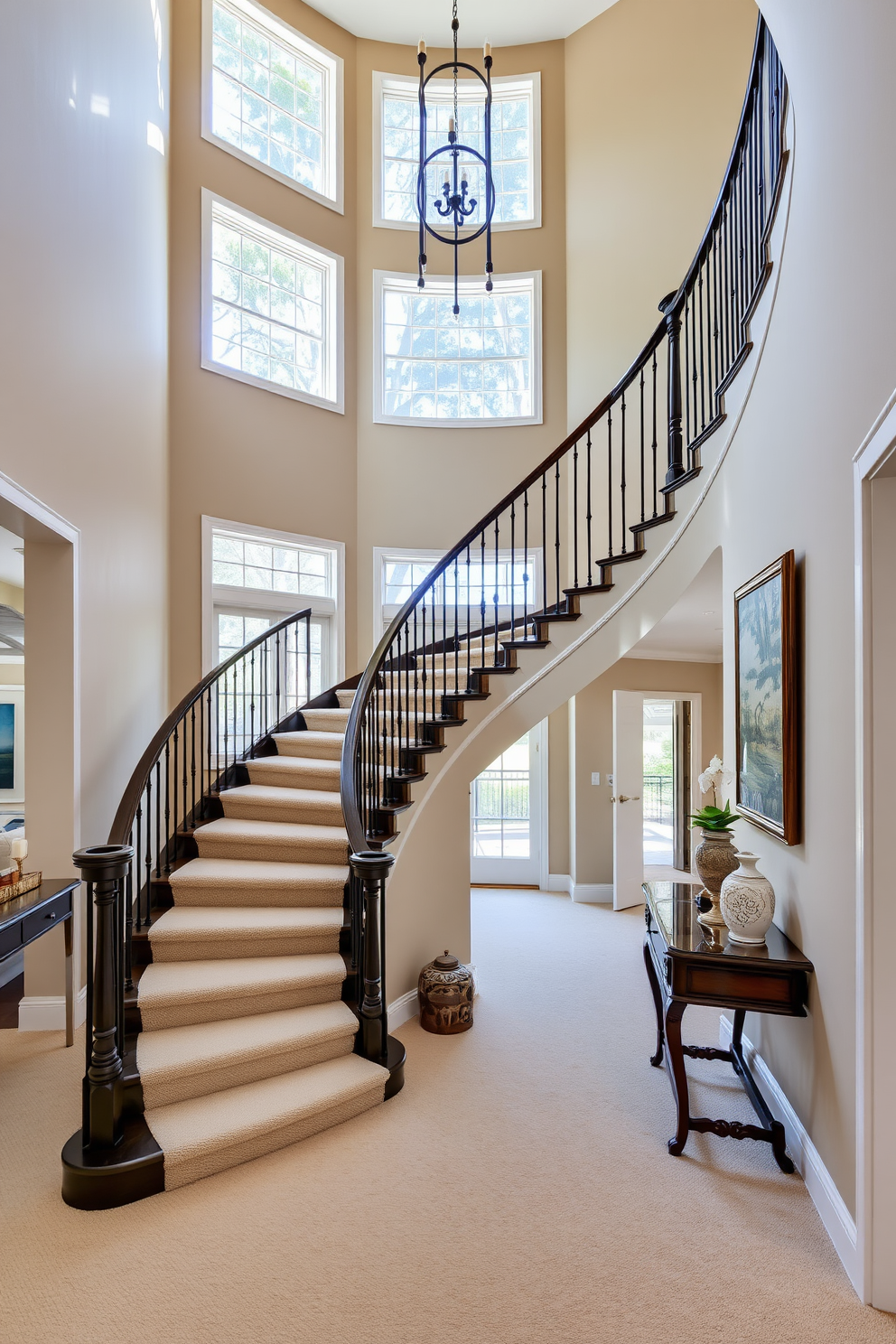 A stunning transitional foyer featuring a grand curved staircase that elegantly combines traditional and contemporary elements. The staircase is adorned with a dark wood banister and soft, neutral-toned carpeting that flows seamlessly into the surrounding space. Natural light floods the area through large windows, highlighting the intricate details of the staircase's design. The walls are painted in a warm beige hue, complemented by a mix of modern artwork and classic decorative accents.