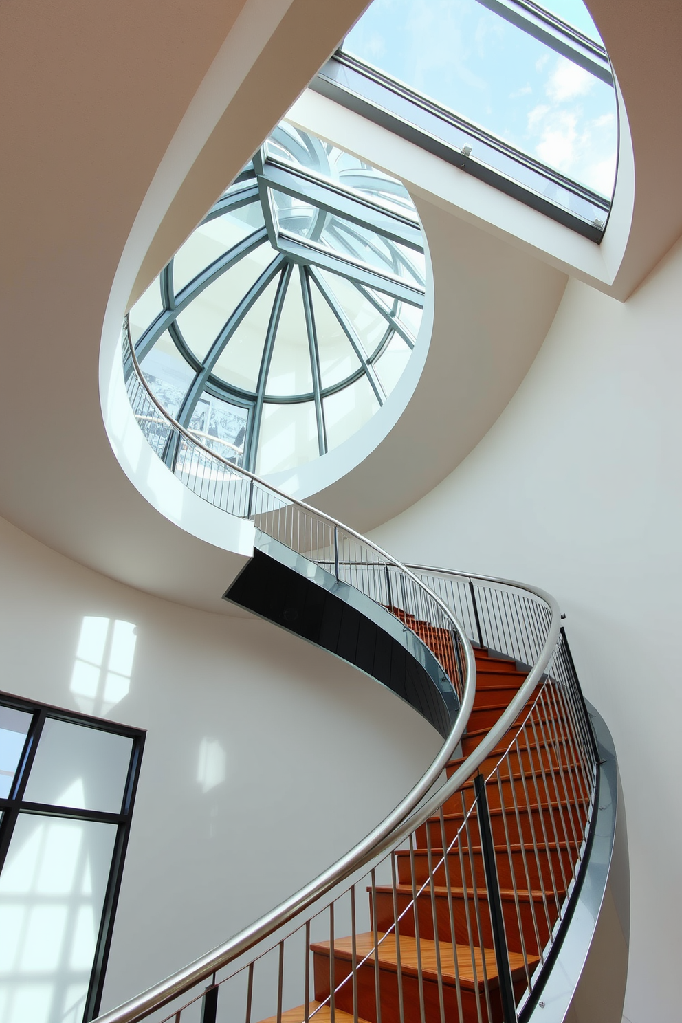 A stunning curved staircase ascends gracefully, featuring a sleek glass canopy that allows natural light to flood the space. The staircase is adorned with elegant metal railings that complement the modern aesthetic, while the steps are finished in rich hardwood for a warm contrast.