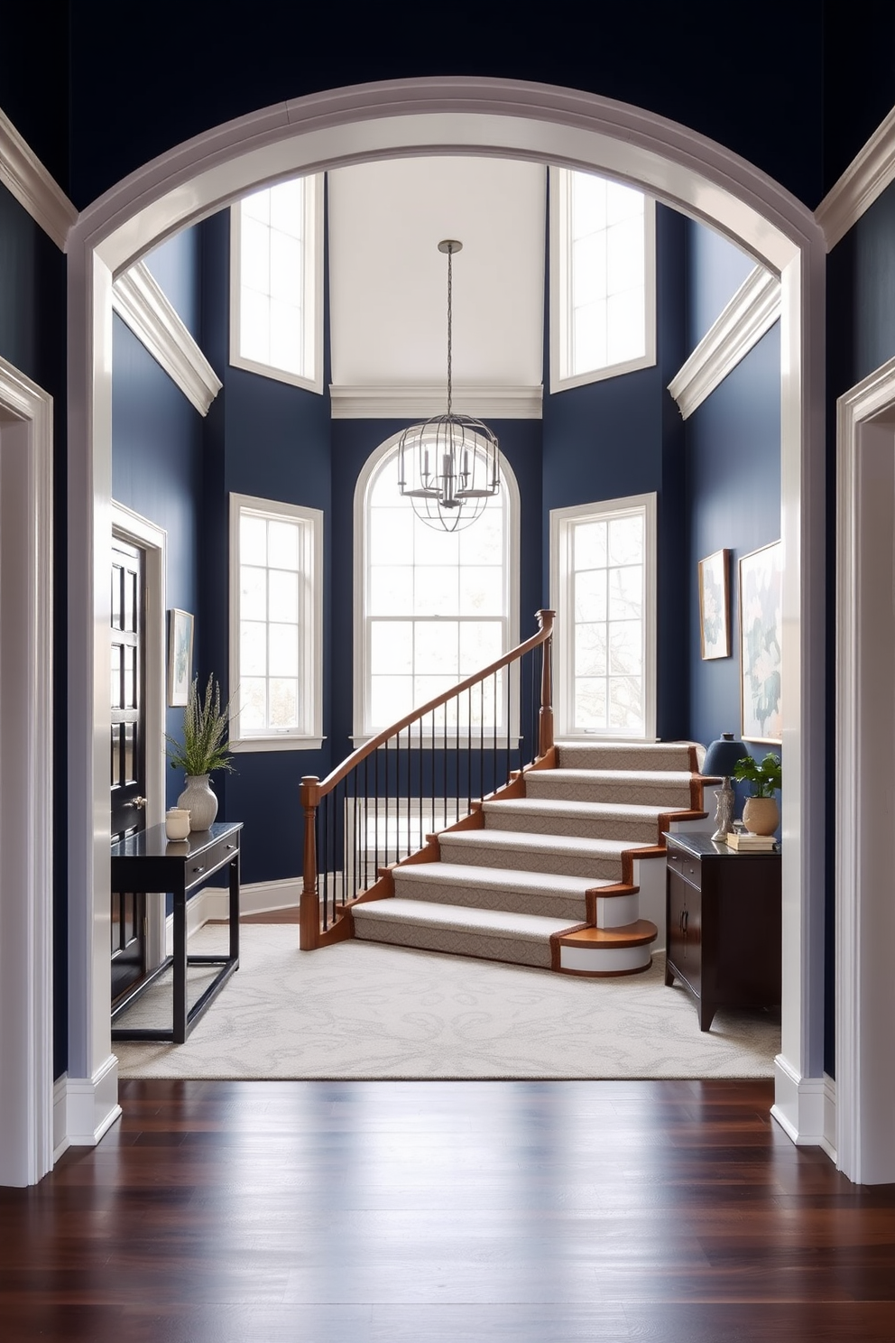 A striking entryway featuring bold color contrast with deep navy blue walls and bright white trim. The space showcases a stunning curved staircase with a sleek wooden handrail and plush carpet runners that guide guests upwards. The staircase is framed by large windows that allow natural light to flood the area, highlighting the rich colors. Decorative artwork adorns the walls, adding visual interest and complementing the overall design scheme.