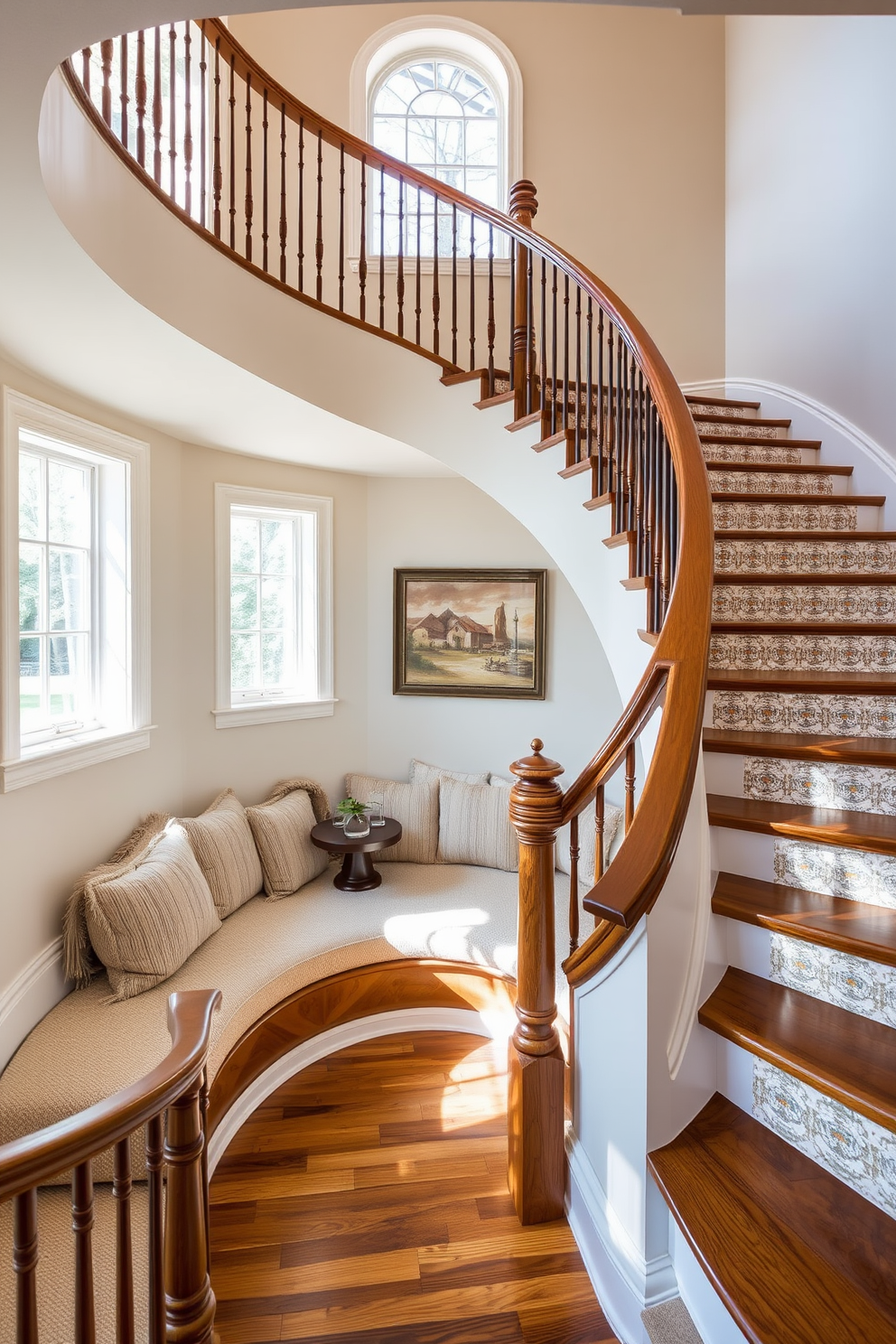 A stunning curved staircase features a built-in seating area that seamlessly blends with the overall design. The seating is upholstered in a soft fabric, providing a cozy nook with plush cushions and a small side table for added functionality. The staircase is elegantly crafted with rich wood railings and a polished wooden staircase, showcasing intricate detailing. Natural light pours in from nearby windows, highlighting the graceful curves and inviting ambiance of the space.