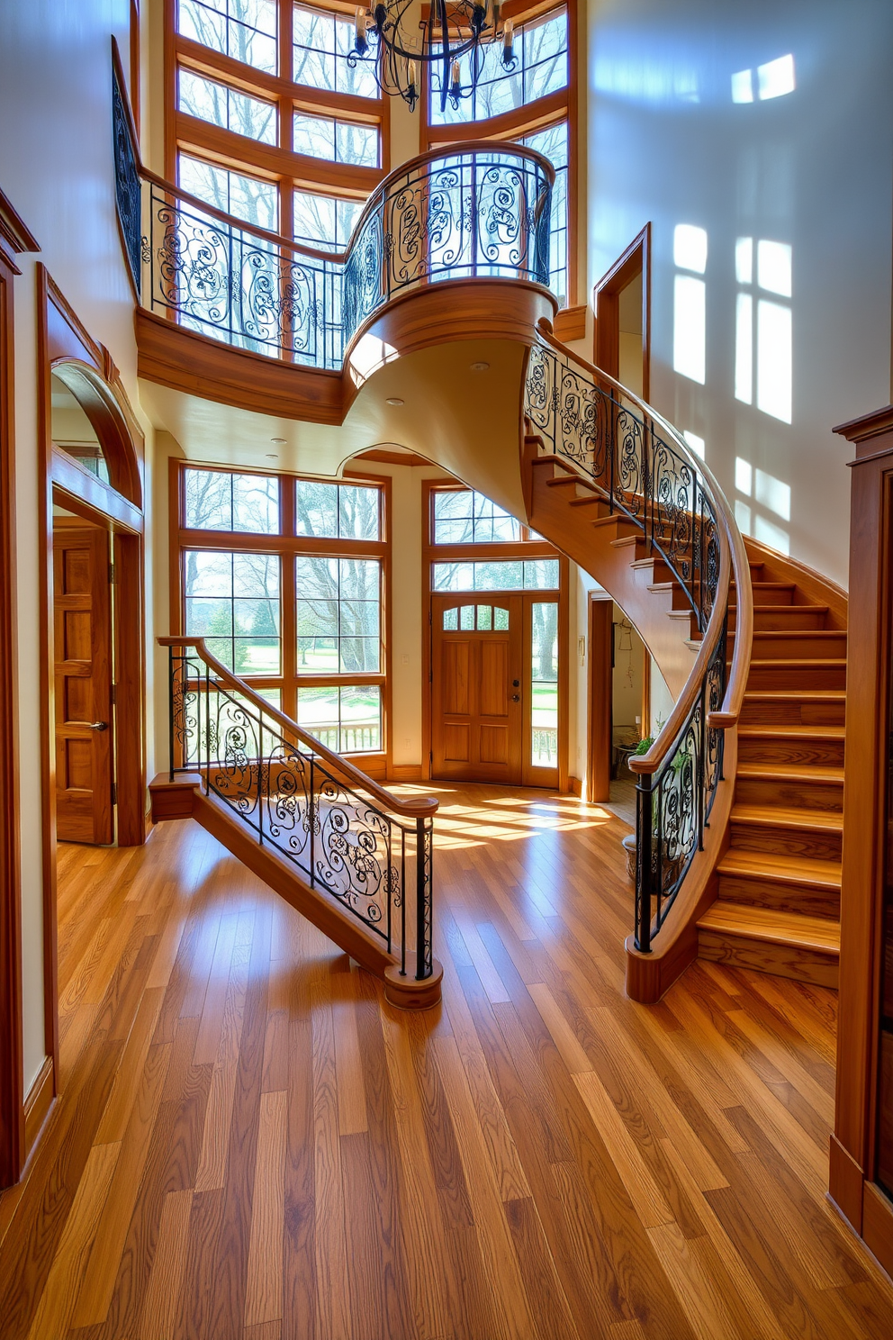 A luxurious entryway featuring a natural wood finish that exudes warmth and elegance. The space includes a stunning curved staircase with intricately designed railings that gracefully leads to the upper level. The staircase is complemented by large windows that allow natural light to flood the area, enhancing the inviting atmosphere. Rich wooden accents throughout the space create a seamless flow between the entryway and the staircase design.