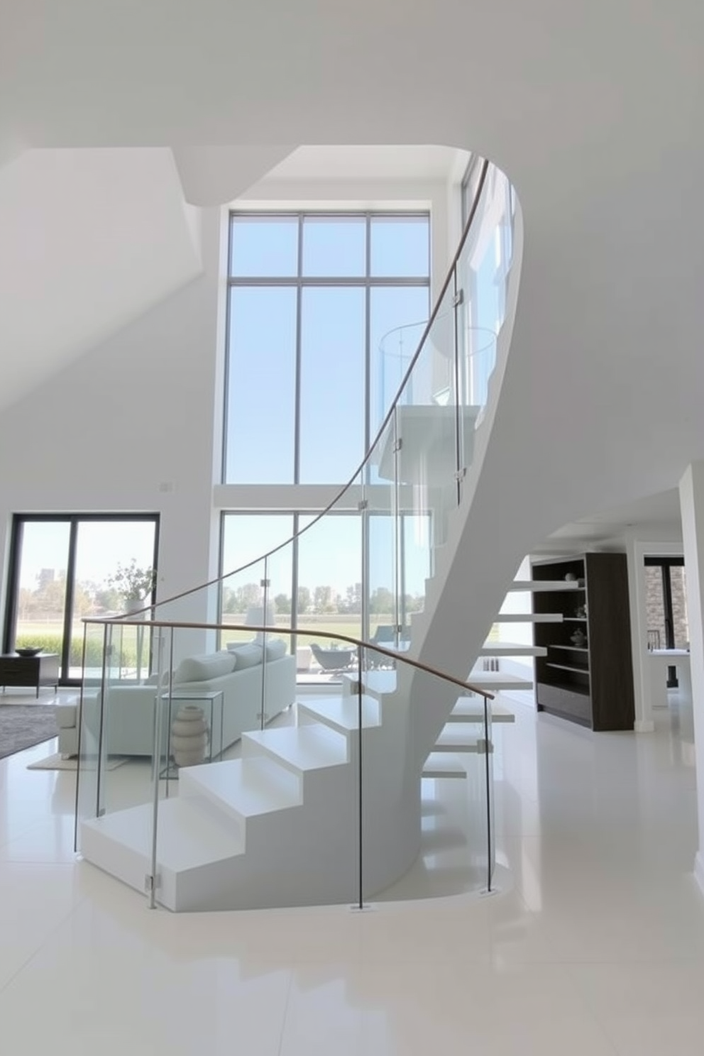 A modern minimalist living room features a spacious layout with clean lines and a neutral color palette. Large windows allow natural light to flood the space, highlighting the simplicity of the furniture and decor. The curved staircase design is a stunning focal point in the entryway, showcasing smooth, flowing lines that create a sense of elegance. Its railing is made of glass, enhancing the open feel while complementing the minimalist aesthetic of the surrounding area.